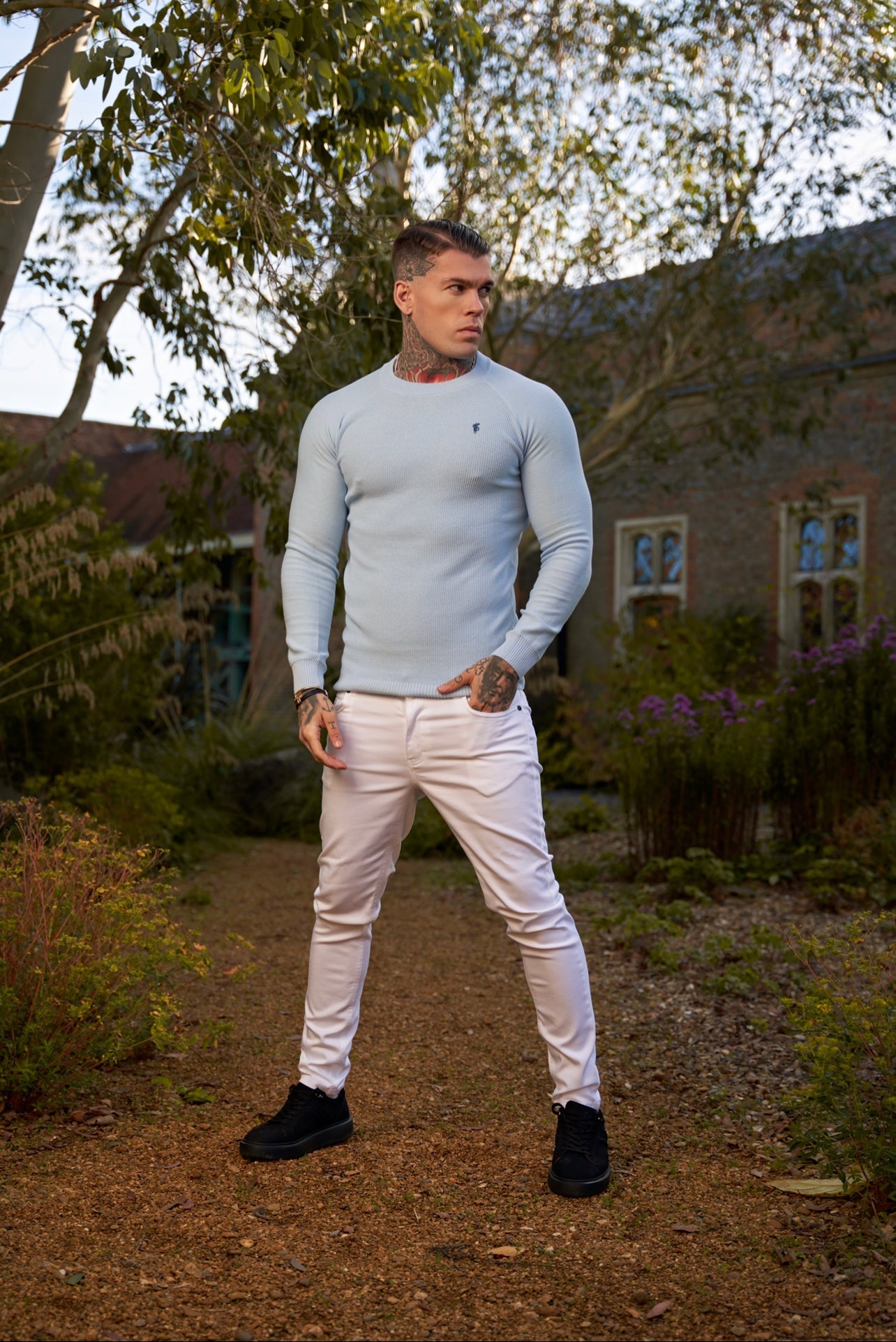 Sky Blue Honeycomb Knitted Crew Jumper for Men - Super Slim Fit with Stylish Metal Decal by Father Sons - FSN067