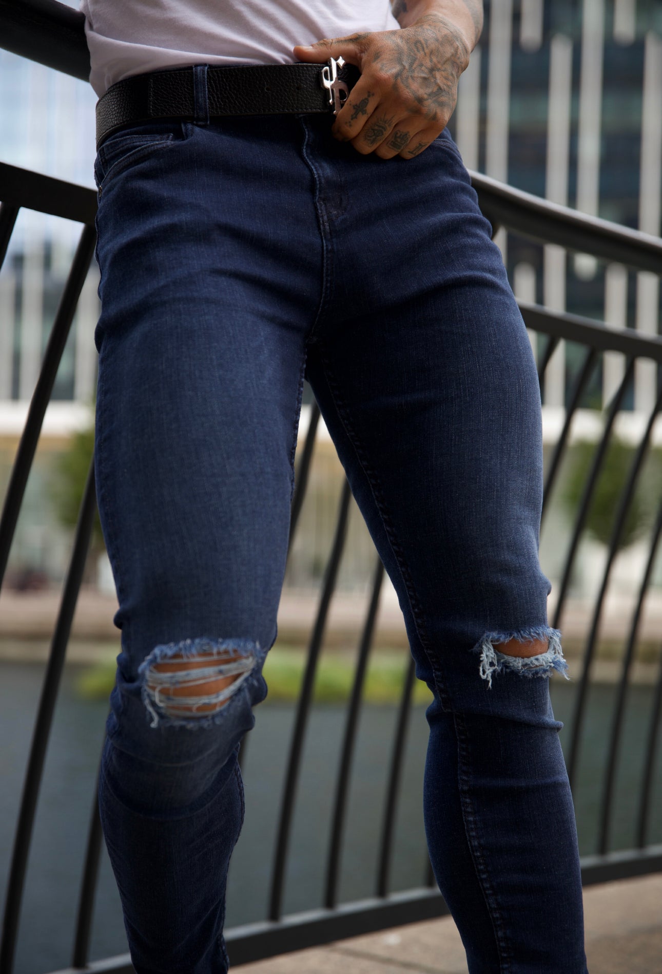 Elevate Your Style with Father Sons Ultra-Stretch Navy Slim Jeans Featuring Trendy Knee Rips - FSJEAN004