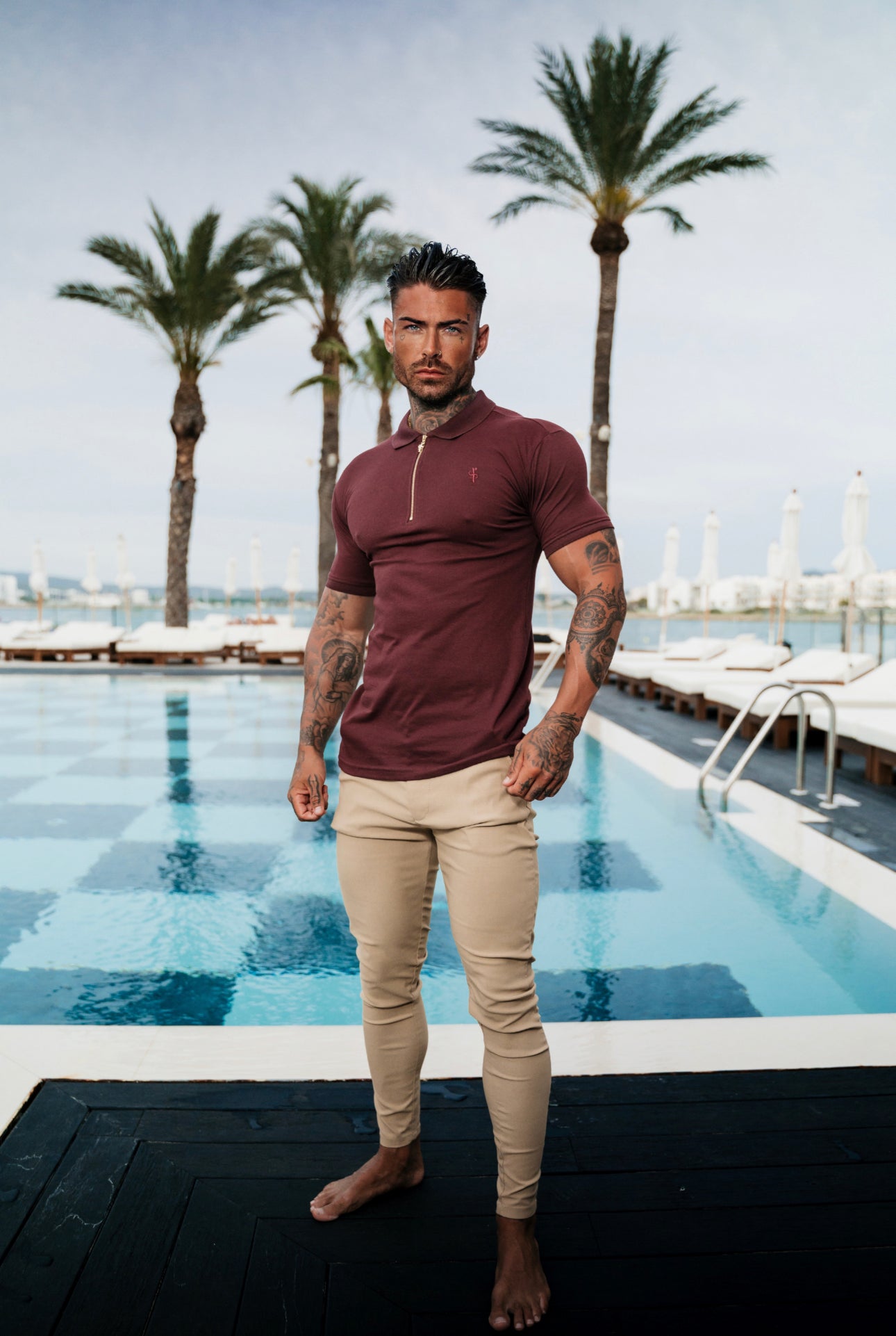 Elevate Your Wardrobe with the Luxurious Burgundy and Gold Zipped Polo Shirt by Father Sons - FSH814