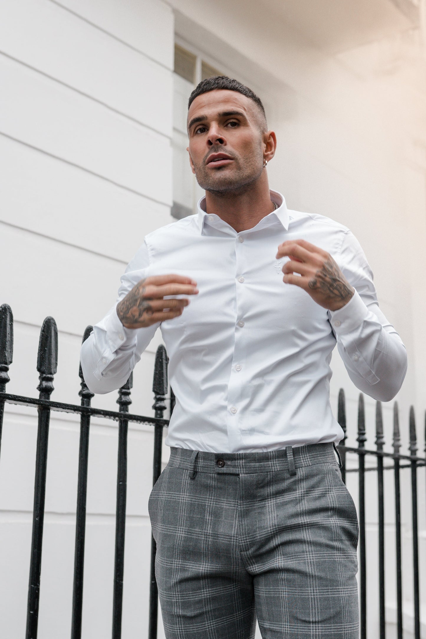 Elevate Your Style with Father Sons Slim Fit Silver Grey Check Stretch Trousers - FST005