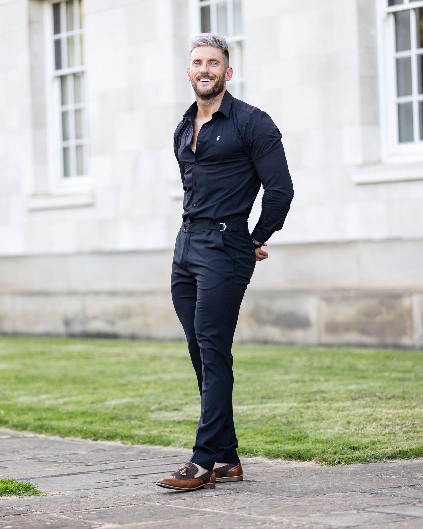 Elevate Your Style: Father Sons Slim Fit Black Stretch Trousers with Chic Silver Waist Adjusters - Pre-Order Now for September 19th!