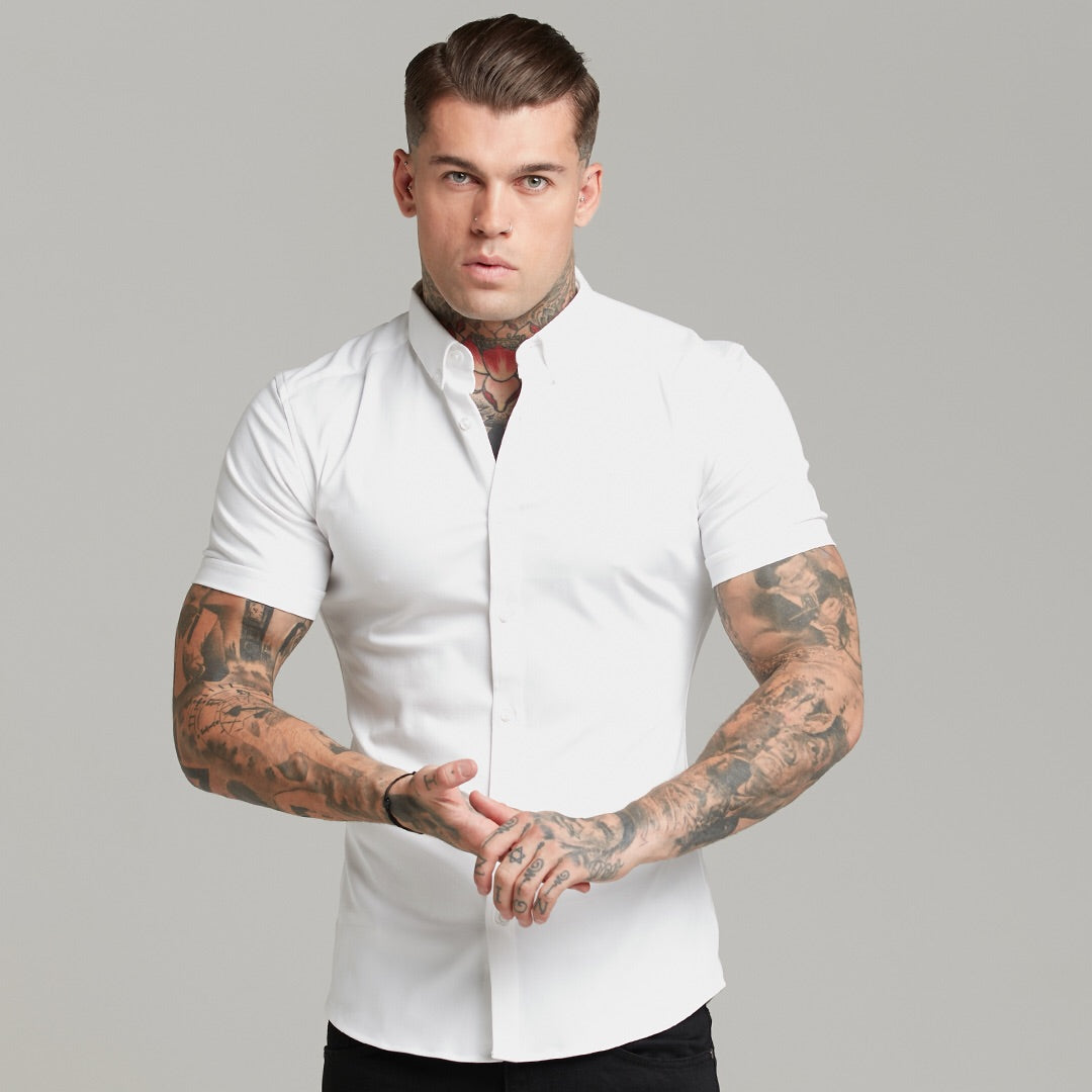 Elevate Your Style with Father Sons Super Slim Fit Stretch White Denim Short Sleeve Shirt - FS598
