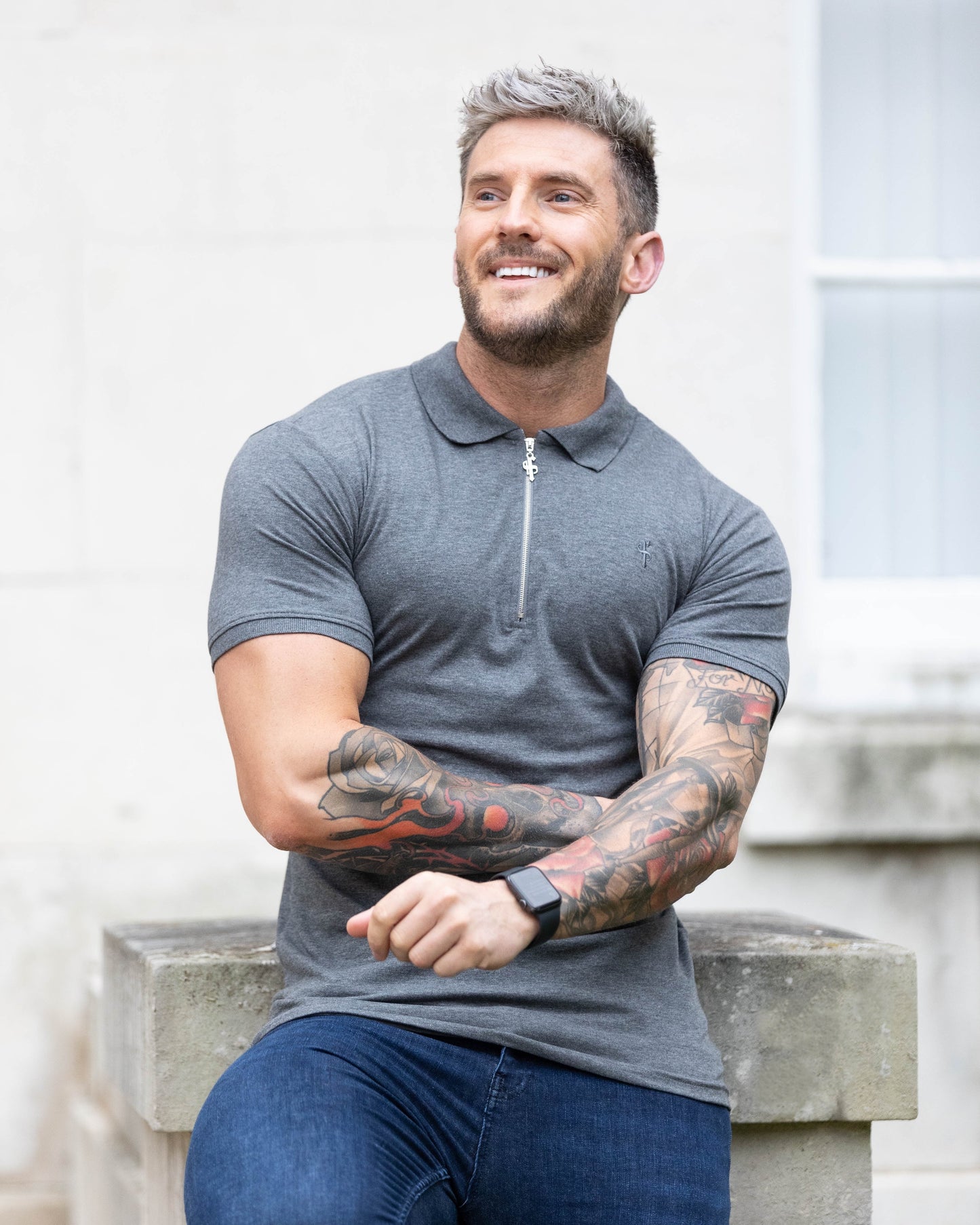 Stylish Dark Grey and Silver Zipped Polo Shirt for Men - Father Sons FSH812