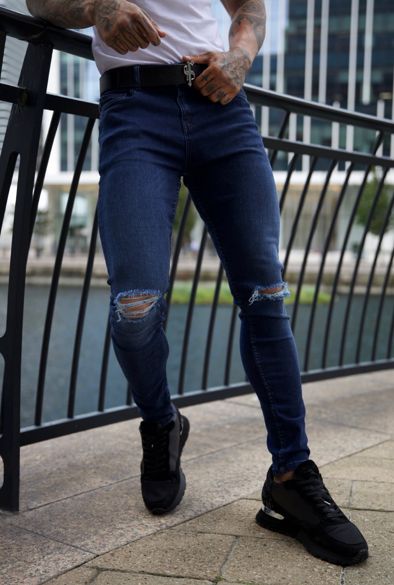 Elevate Your Style with Father Sons Ultra-Stretch Navy Slim Jeans Featuring Trendy Knee Rips - FSJEAN004
