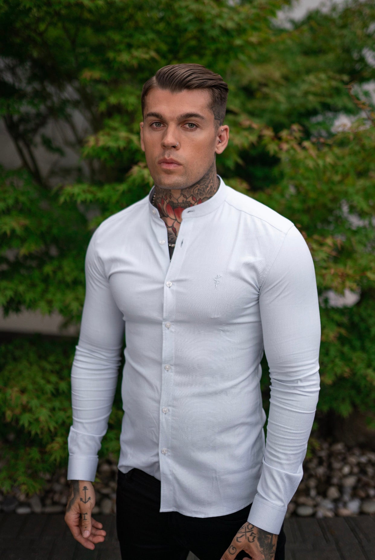 Elevate Your Style with the Father Sons Super Slim Stretch Classic White Grandad Collar Oxford Shirt - FS732