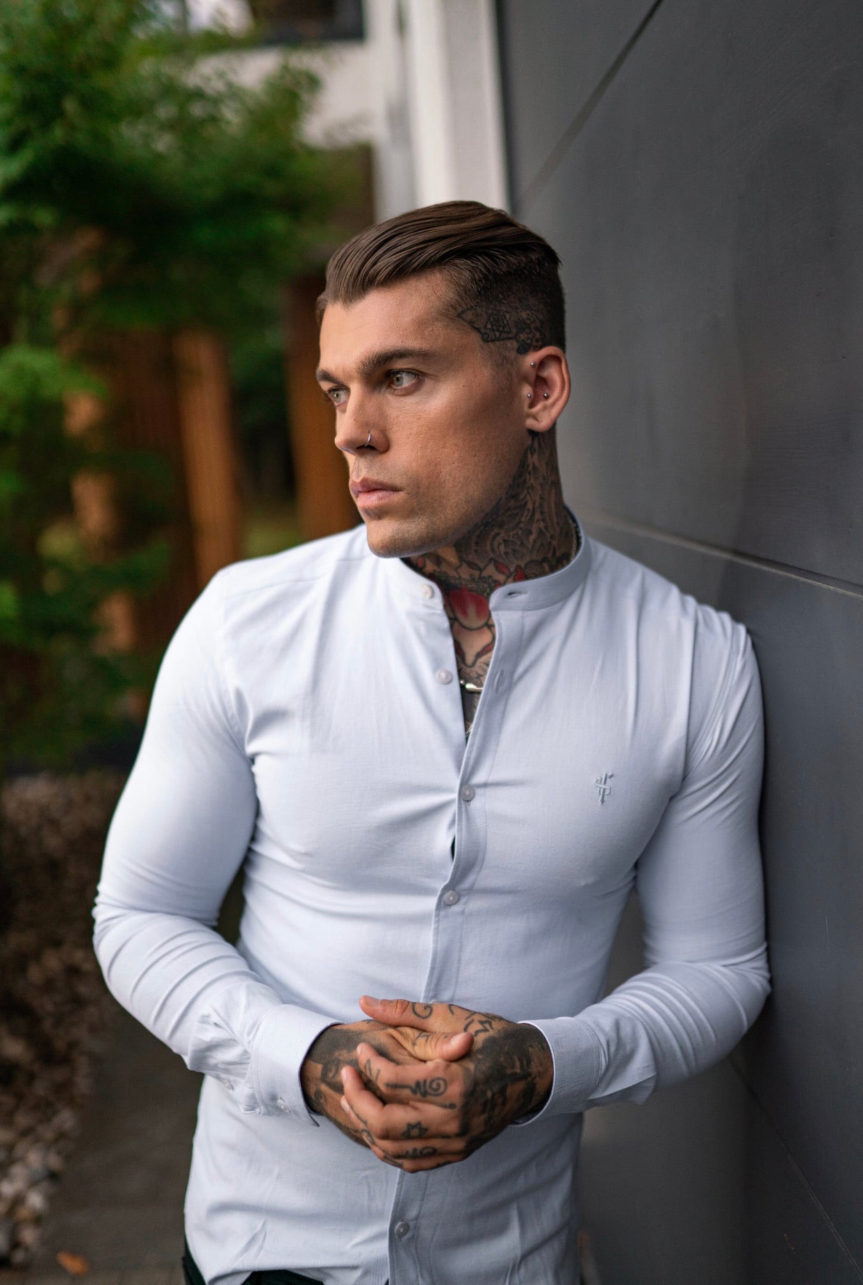 Elevate Your Style with the Father Sons Super Slim Stretch Classic White Grandad Collar Oxford Shirt - FS732