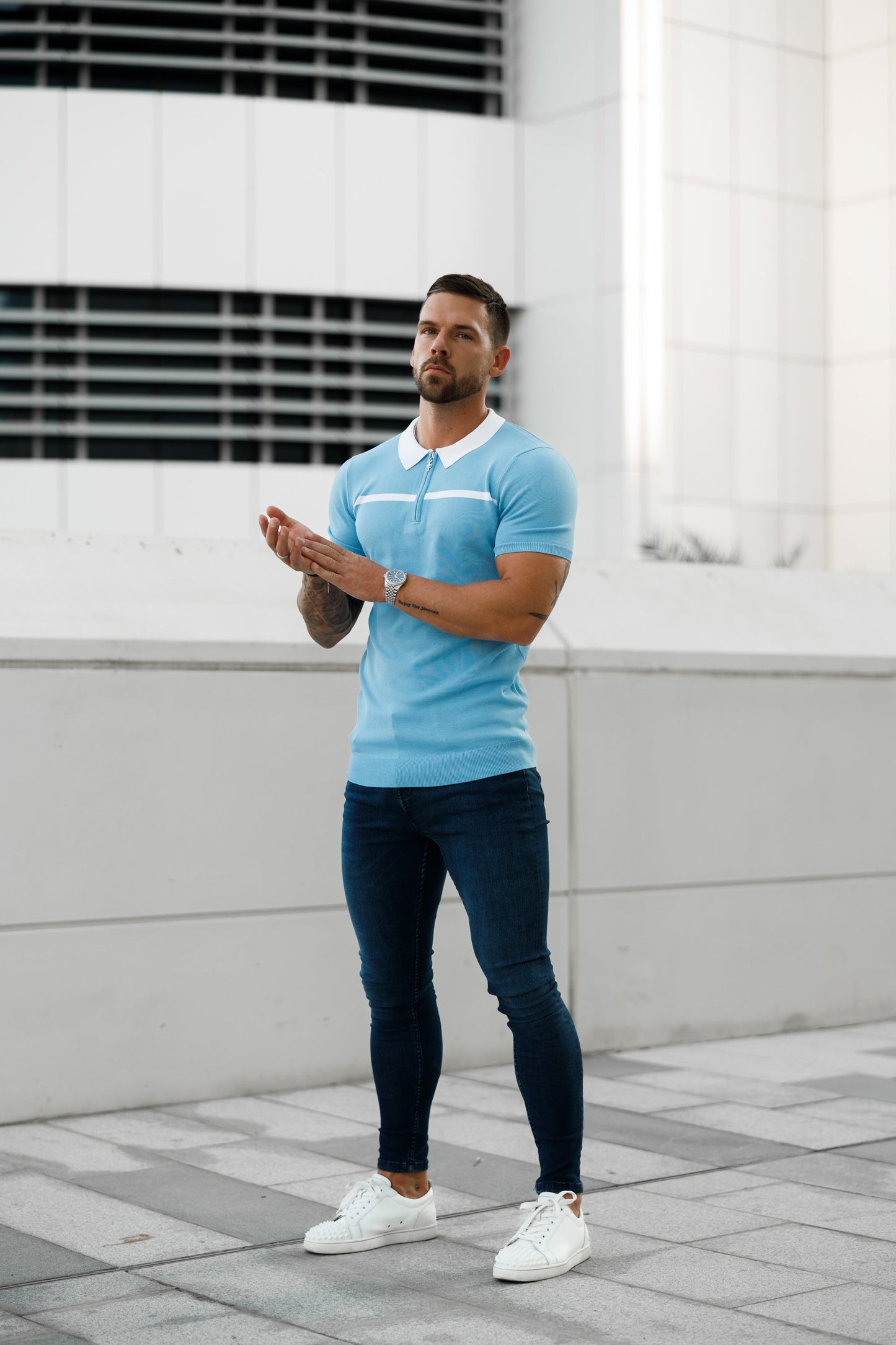 Elevate Your Style with the Father Sons Sky Blue & White Striped Zipped Polo – Short Sleeve Essentials - FSN058