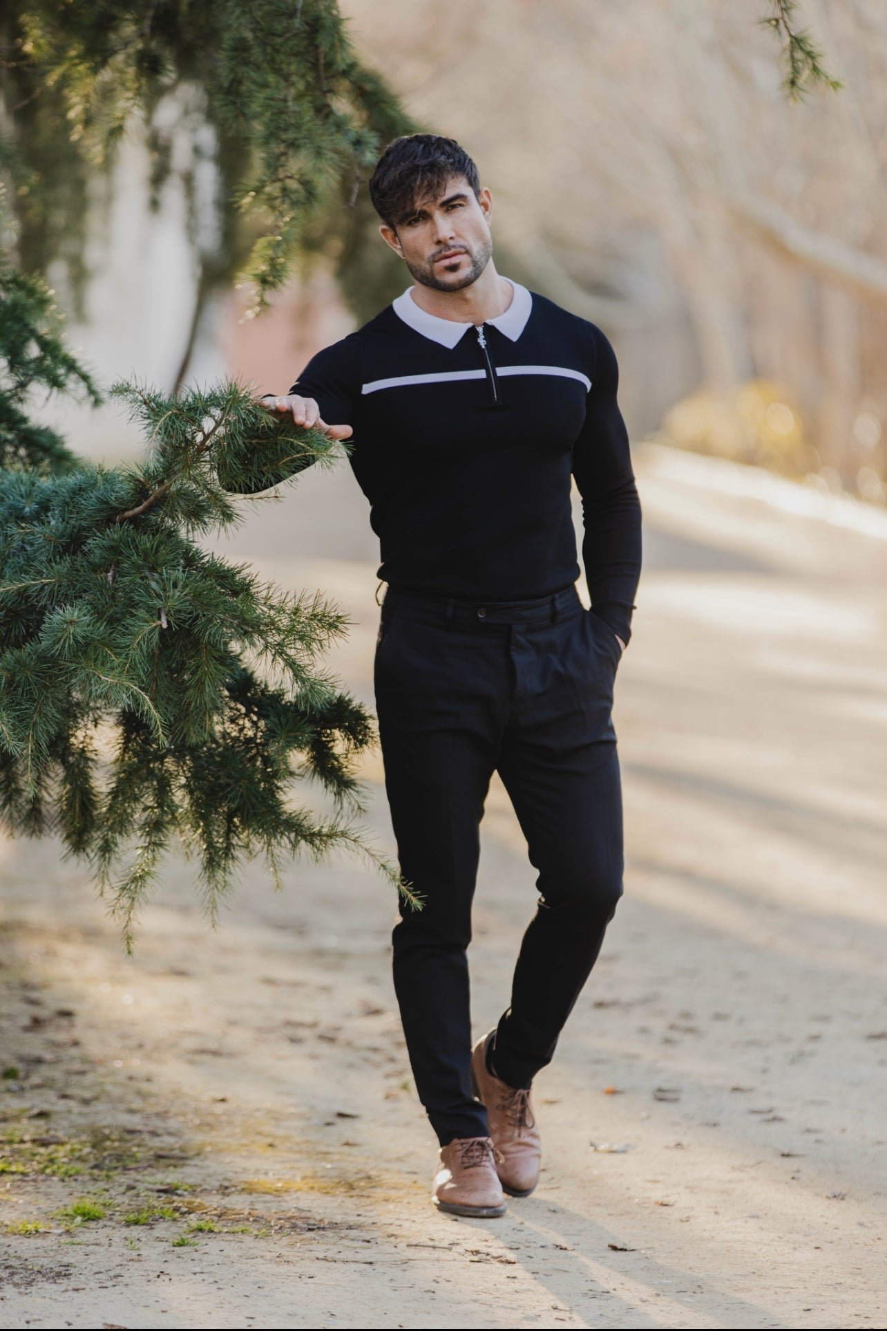 Elevate Your Style with Father Sons Classic Black and White Striped Long Sleeve Zipped Polo - FSN047