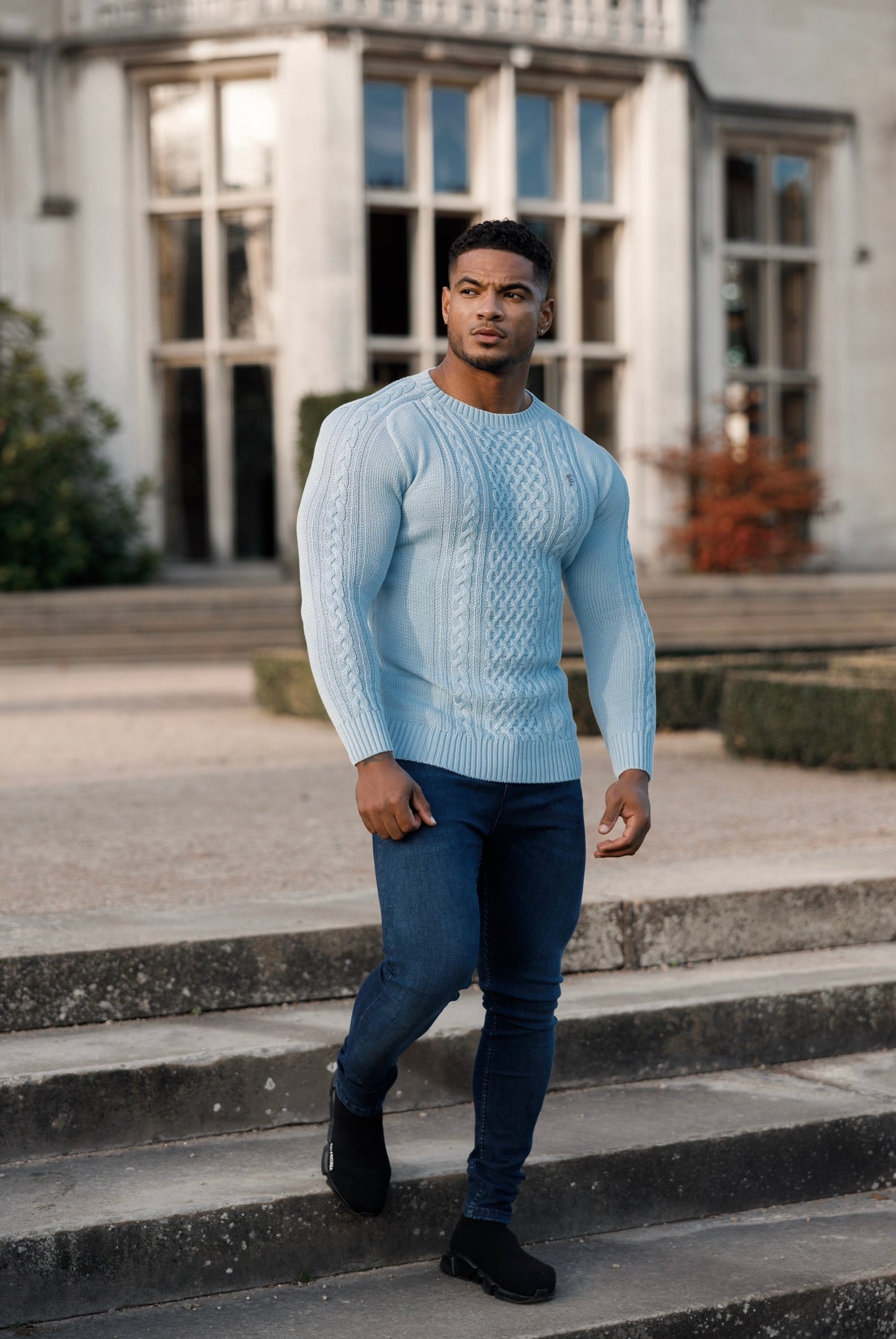 Elevate Your Wardrobe: Father Sons Sky Blue Knitted Cable Crew Jumper with Chic Metal Decal - FSN081