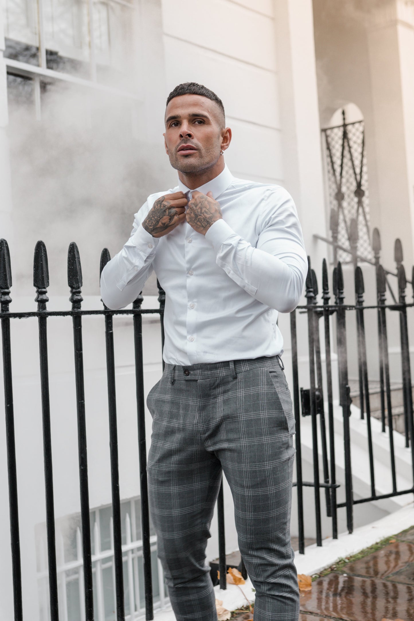 Elevate Your Style with Father Sons Slim Fit Silver Grey Check Stretch Trousers - FST005