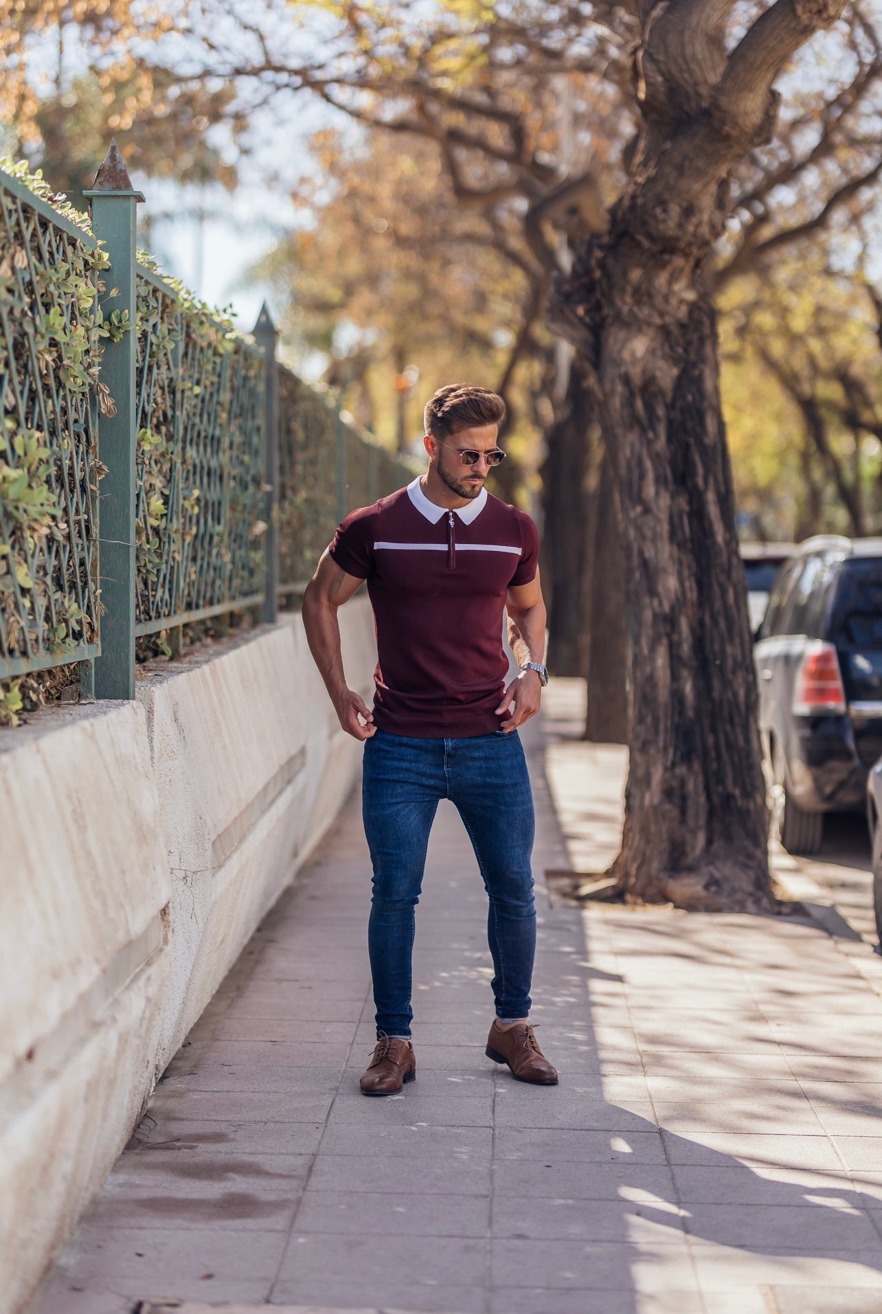 Elevate Your Style with the Father Sons Classic Burgundy and White Striped Zipped Polo - FSN045