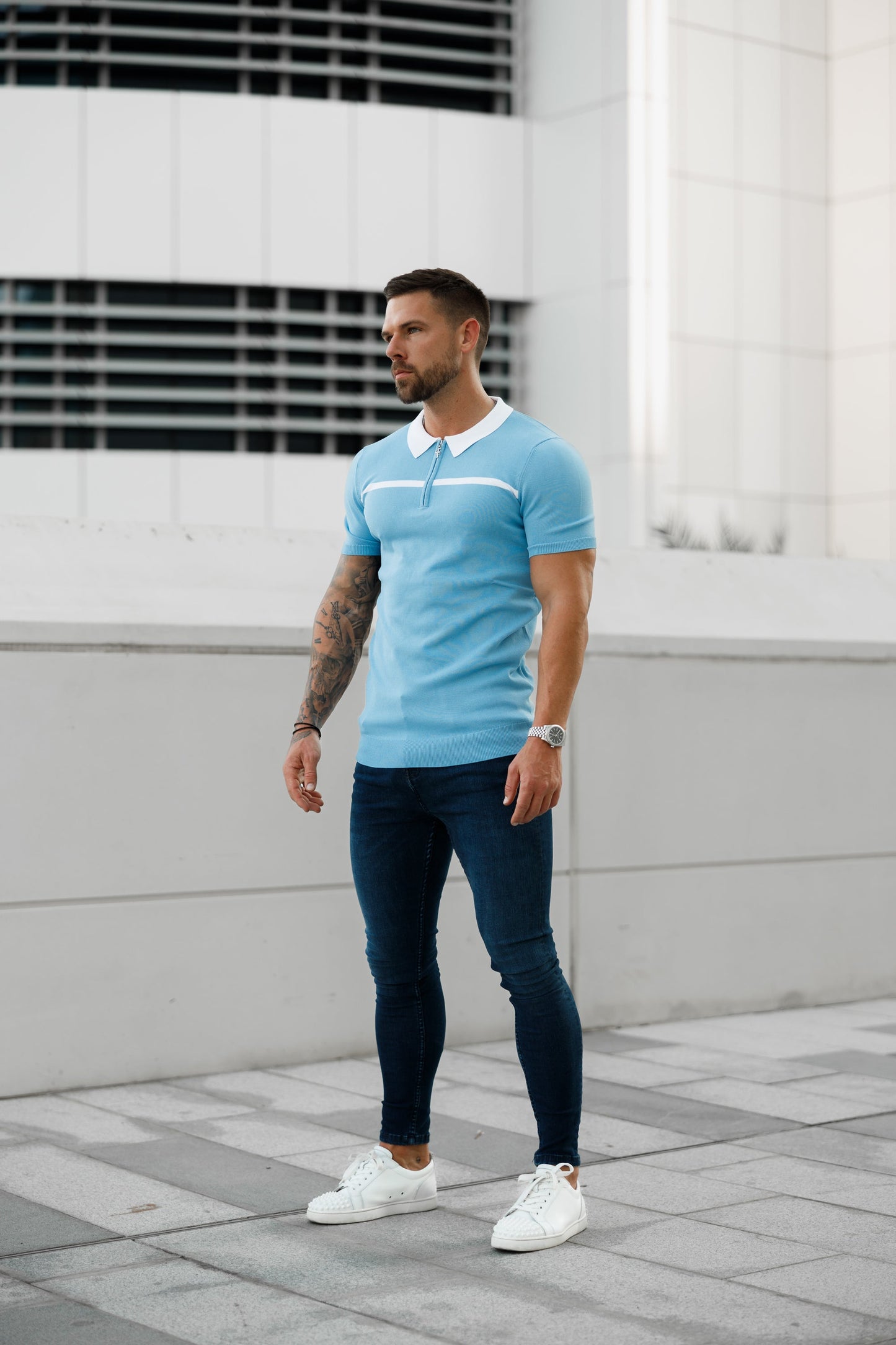 Elevate Your Style with the Father Sons Sky Blue & White Striped Zipped Polo – Short Sleeve Essentials - FSN058