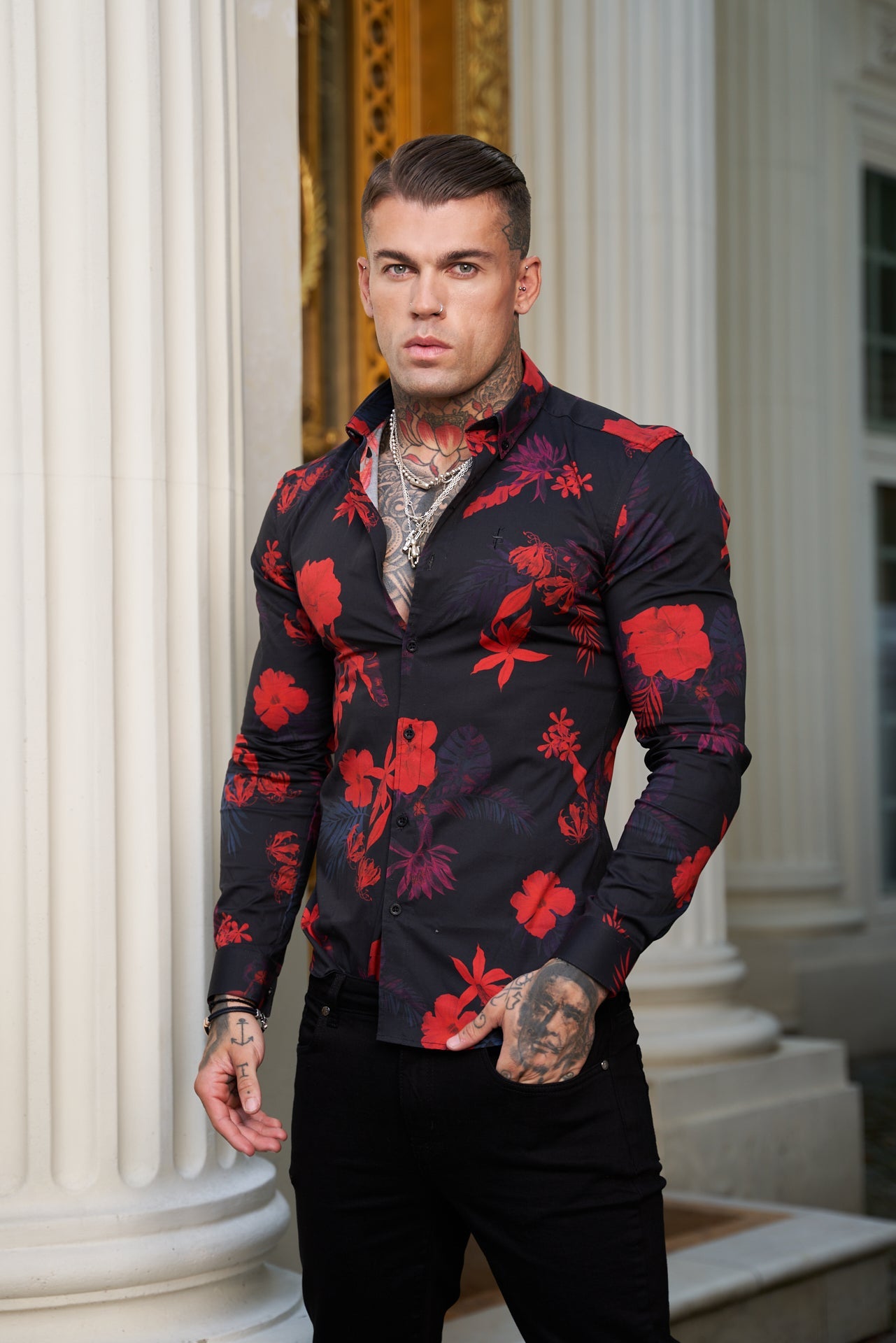 Elevate Your Style with Father Sons Super Slim Stretch Long Sleeve Shirt in Striking Black and Red Floral Print - FS770