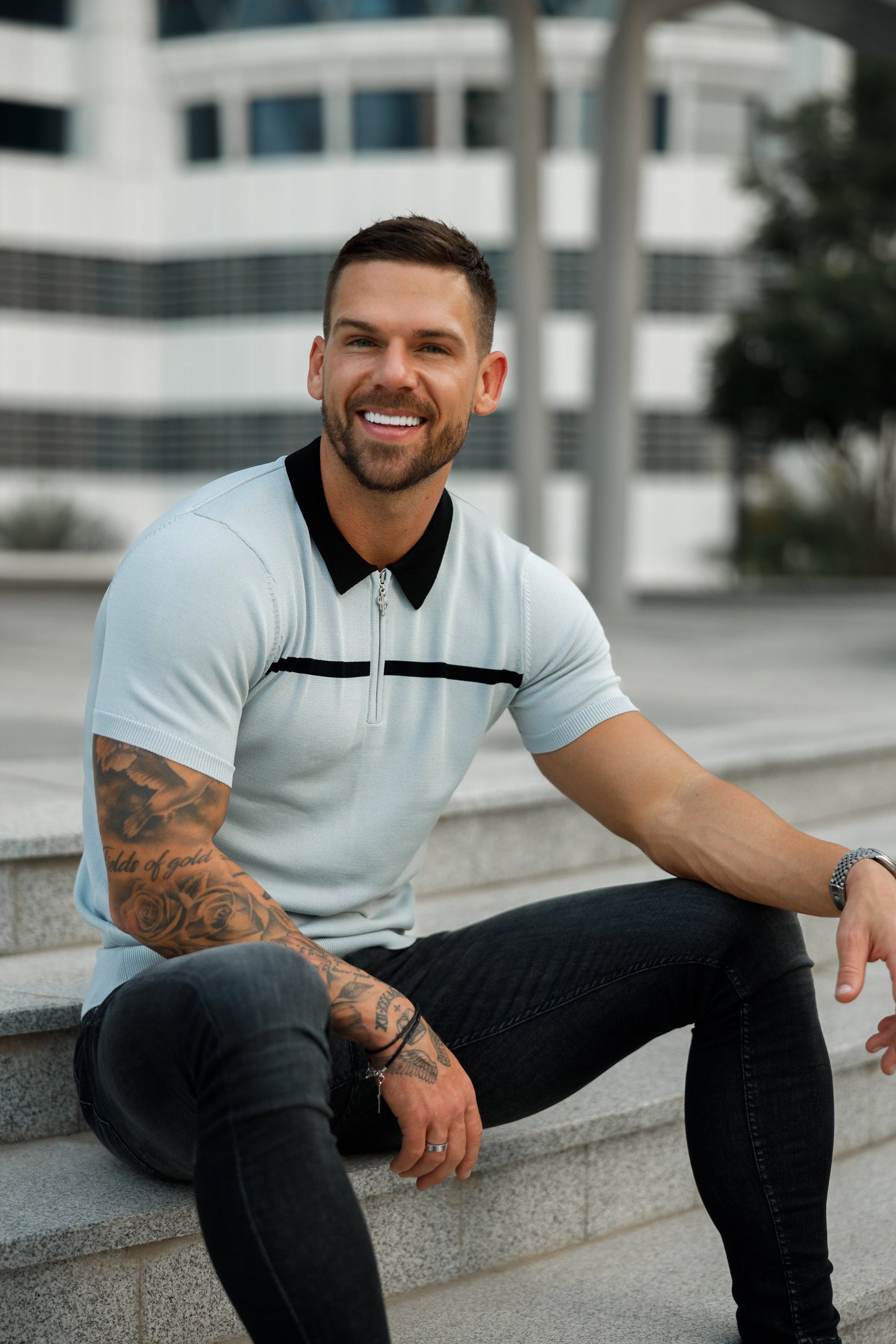 Elevate Your Style with the Father Sons Silver Grey and Black Stripe Zipped Polo - Short Sleeve FSN040