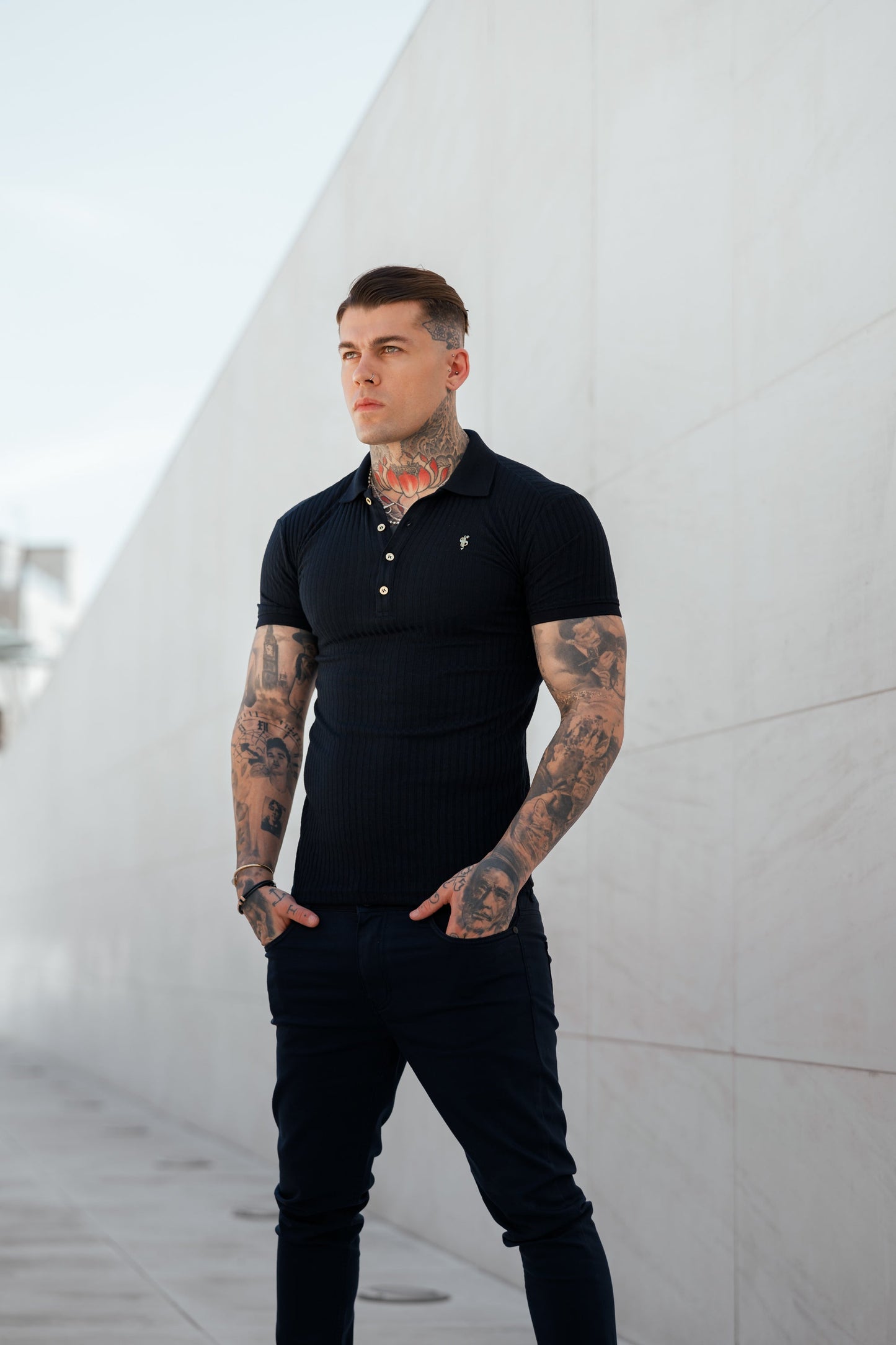 Elevate Your Style with the Father Sons Classic Navy Ribbed Polo Shirt Featuring Luxurious Gold Emblem and Button Accents - FSH694