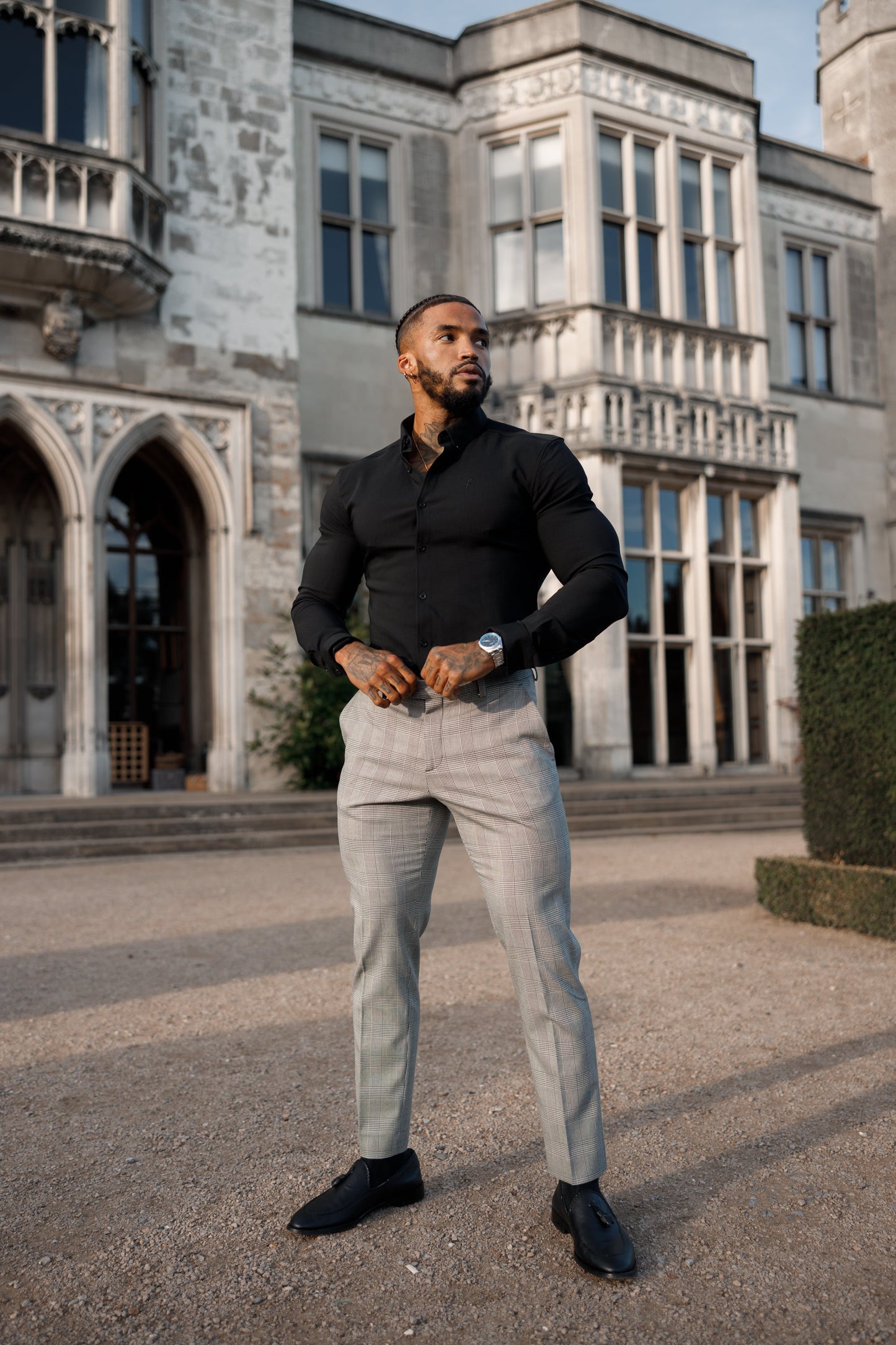 Elevate Your Style with Father Sons Slim Fit Grey Prince of Wales Check Stretch Trousers - Pre-Order Now for Release on 19th September!