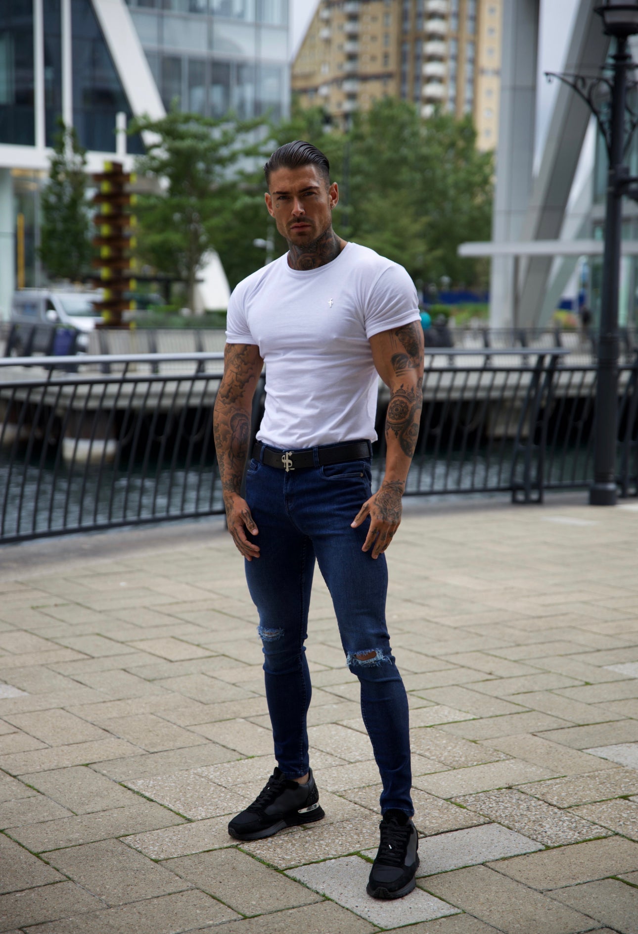 Elevate Your Style with Father Sons Ultra-Stretch Navy Slim Jeans Featuring Trendy Knee Rips - FSJEAN004