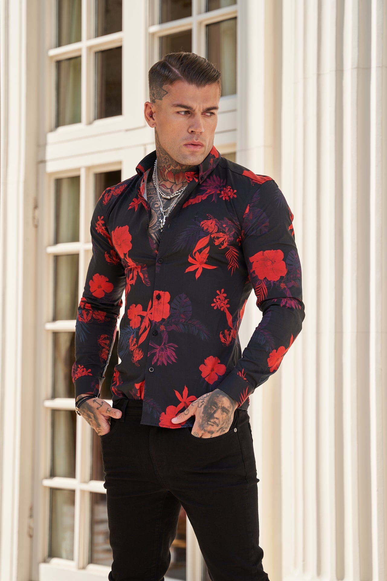 Elevate Your Style with Father Sons Super Slim Stretch Long Sleeve Shirt in Striking Black and Red Floral Print - FS770