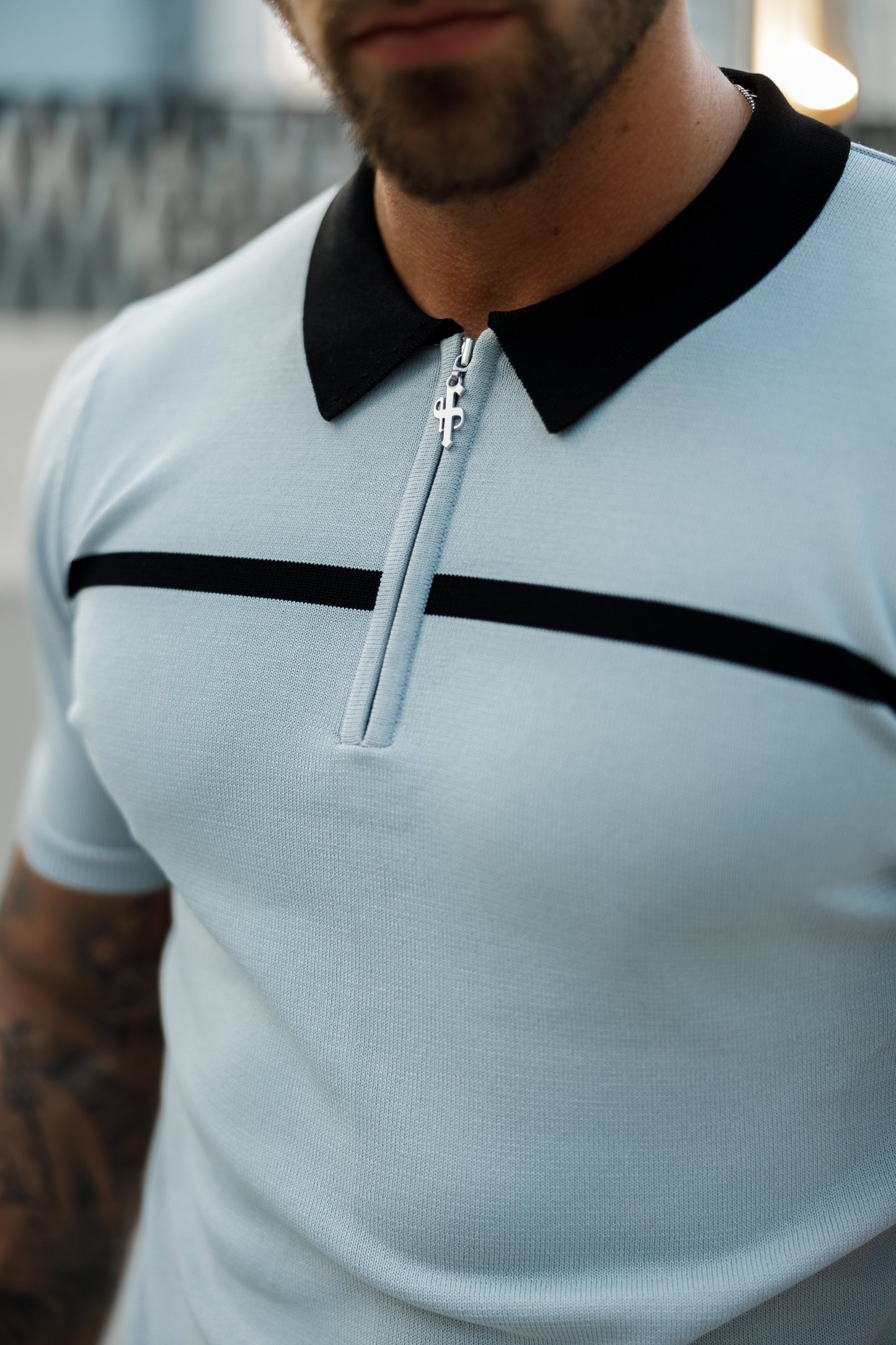 Elevate Your Style with the Father Sons Silver Grey and Black Stripe Zipped Polo - Short Sleeve FSN040