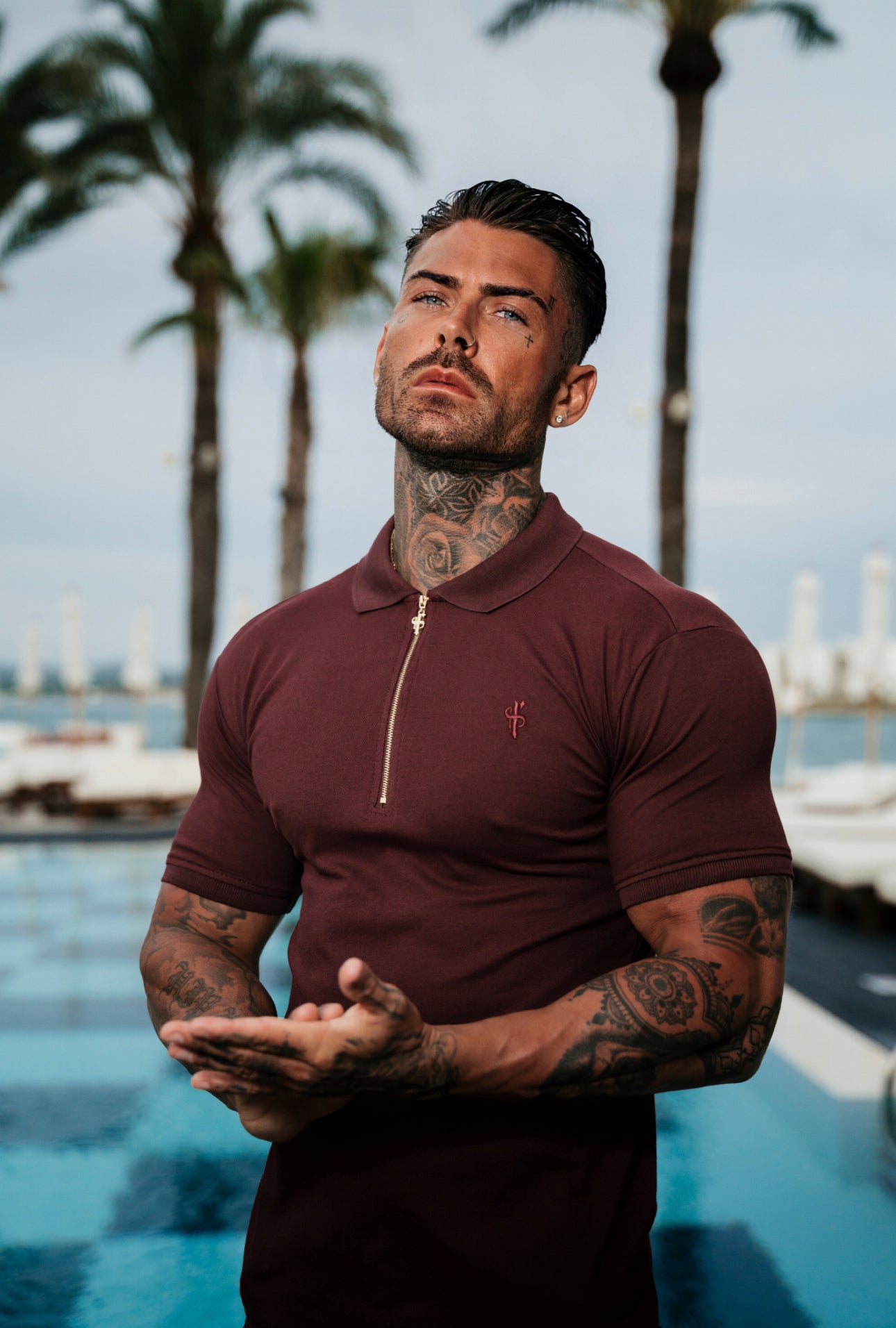 Elevate Your Wardrobe with the Luxurious Burgundy and Gold Zipped Polo Shirt by Father Sons - FSH814