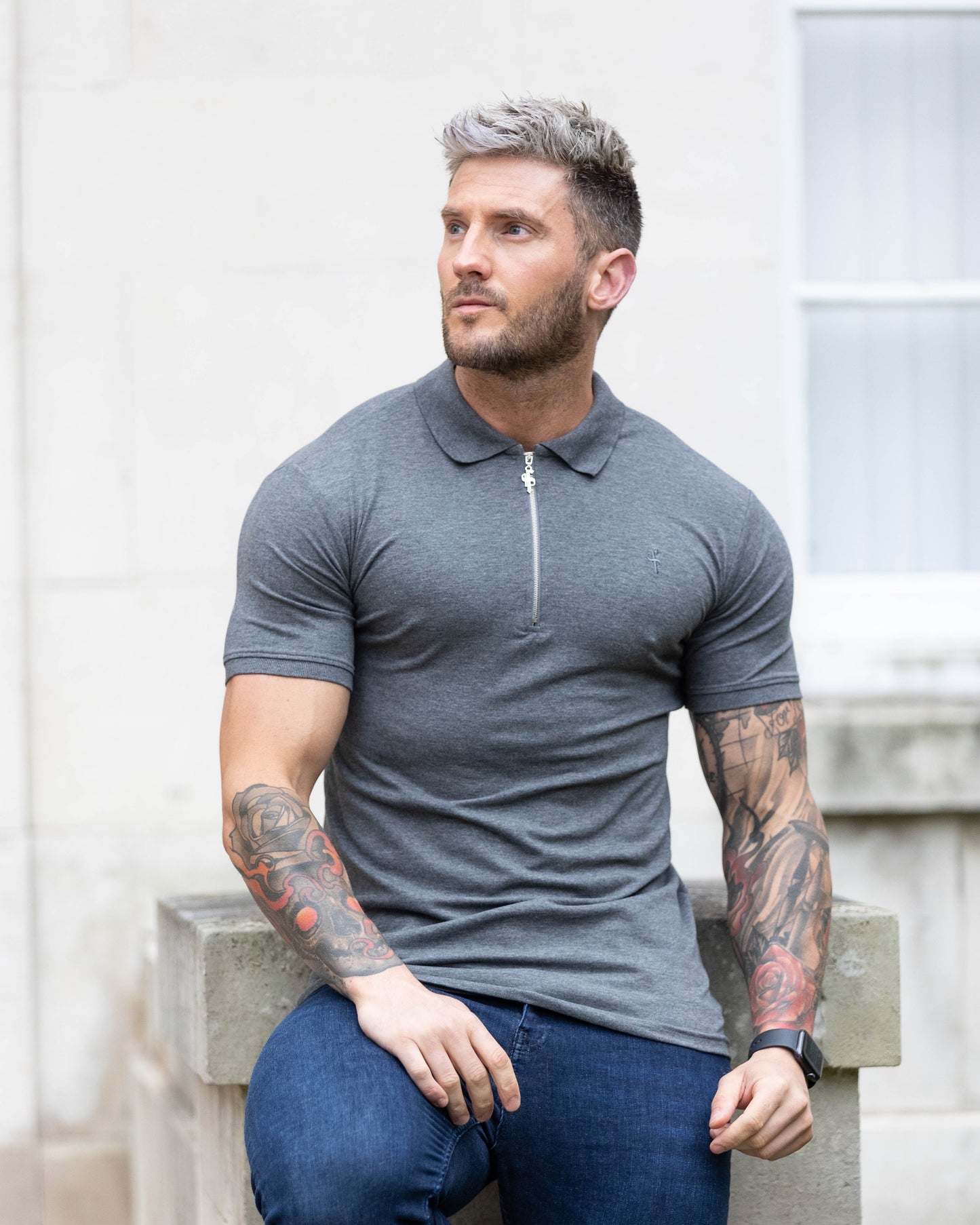 Stylish Dark Grey and Silver Zipped Polo Shirt for Men - Father Sons FSH812
