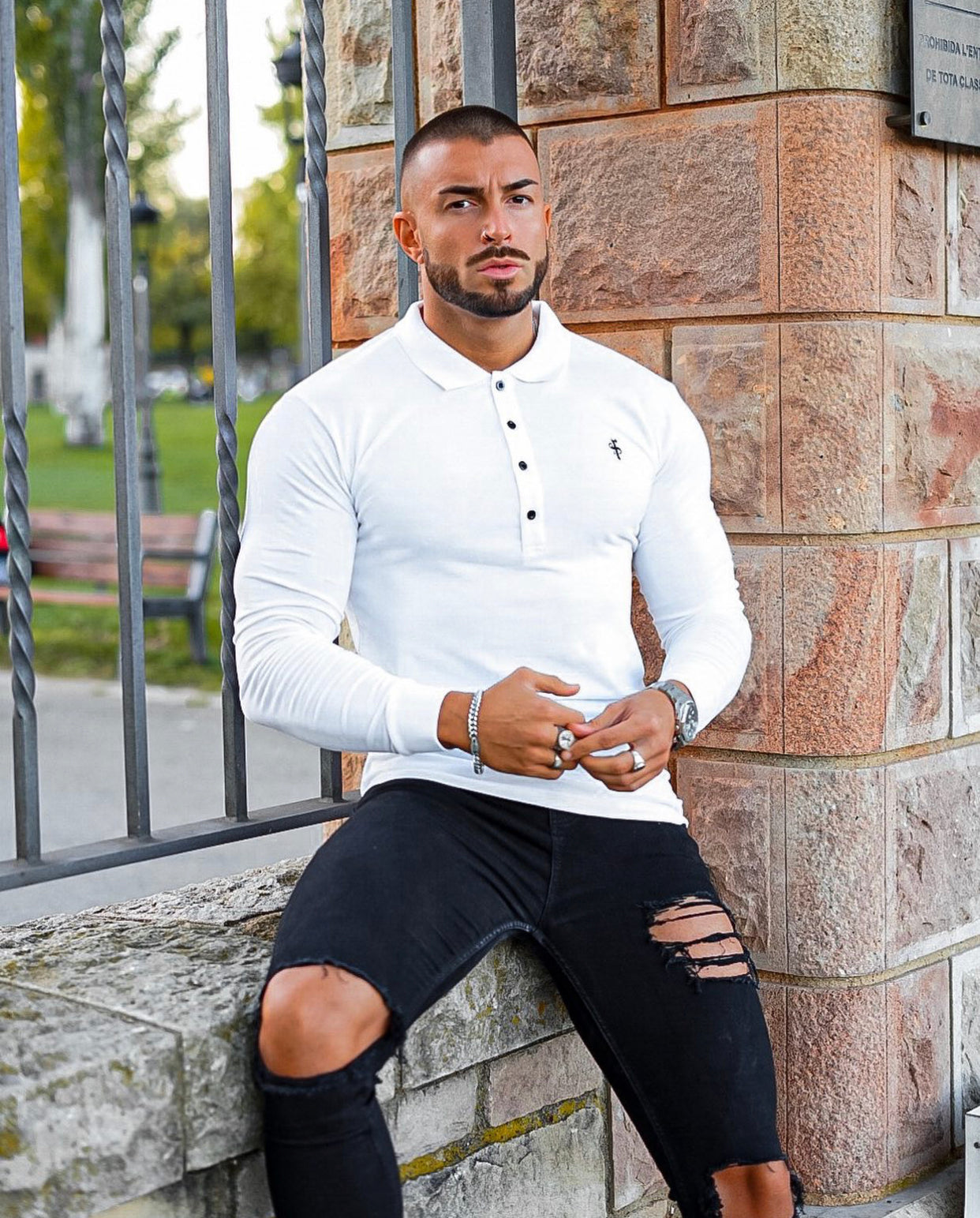 Elevate Your Wardrobe with the Father Sons Elegant Long Sleeve White Polo - FSH039