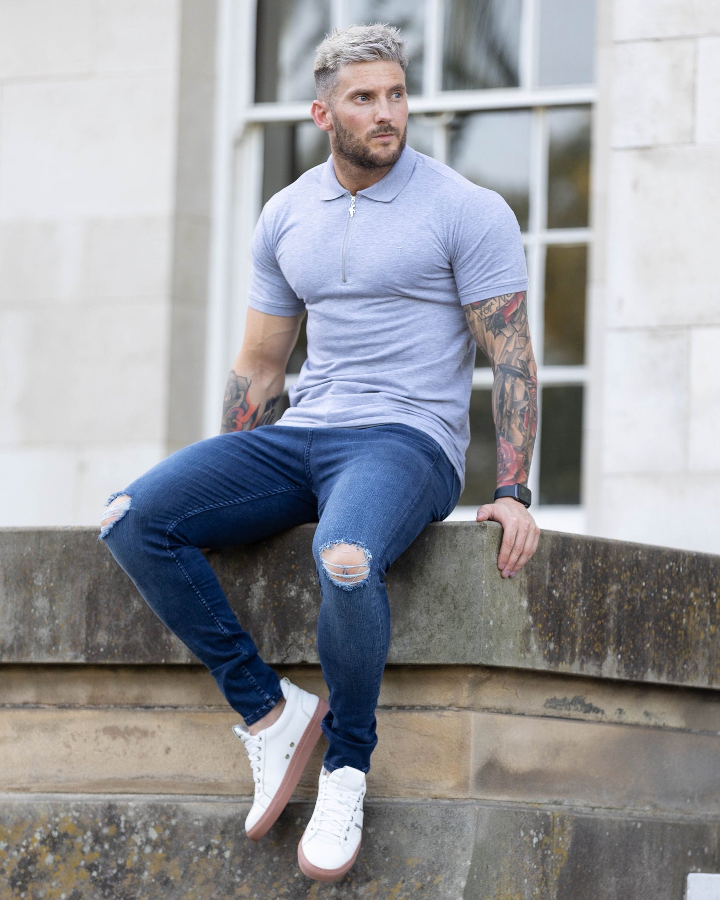 Elevate Your Style with Father Sons Ultra-Stretch Navy Slim Jeans Featuring Trendy Knee Rips - FSJEAN004