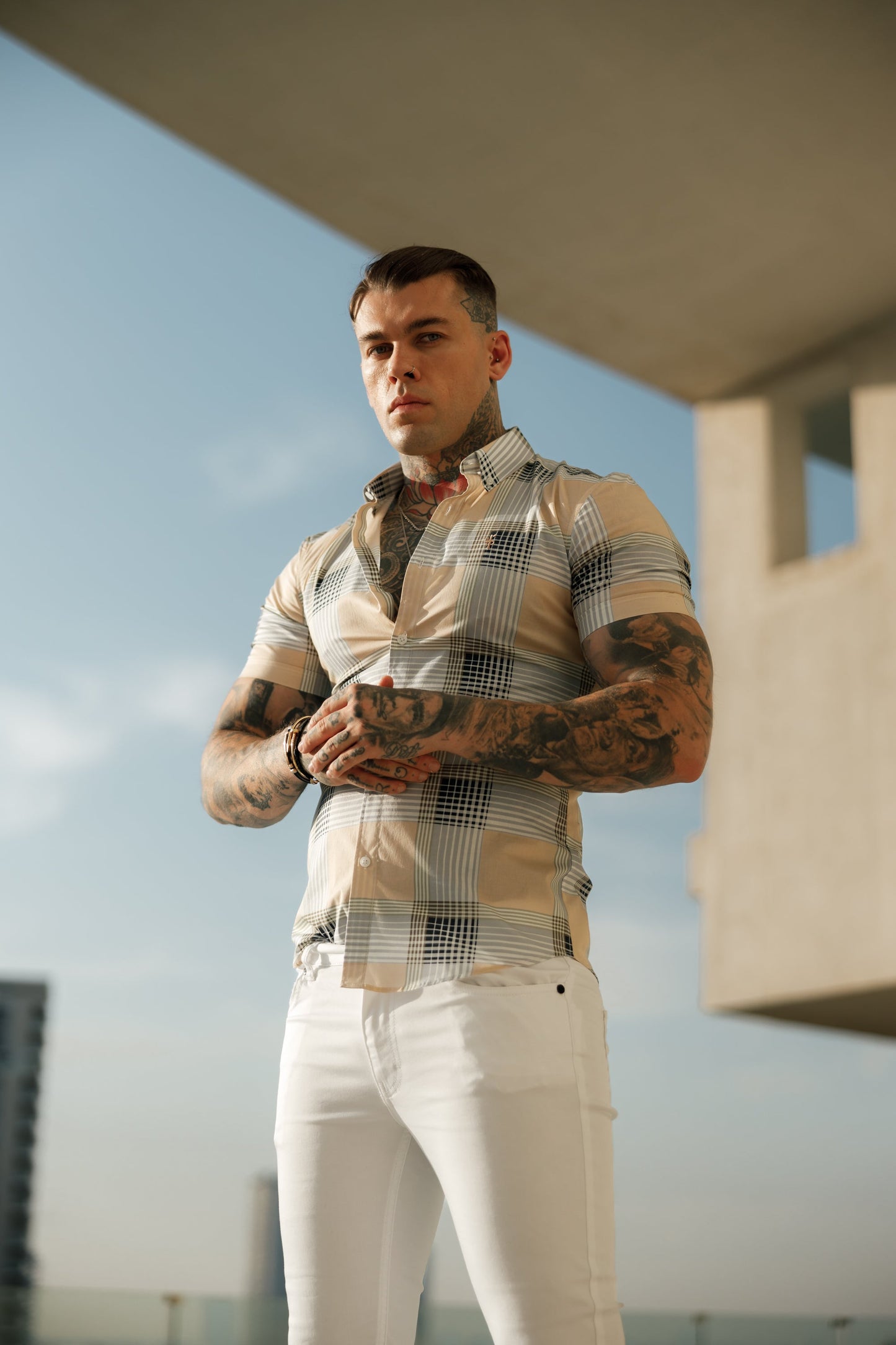 Father Sons Stylish Super Slim Fit Stretch Peach & Grey Check Short Sleeve Shirt with Button Down Collar - FS900