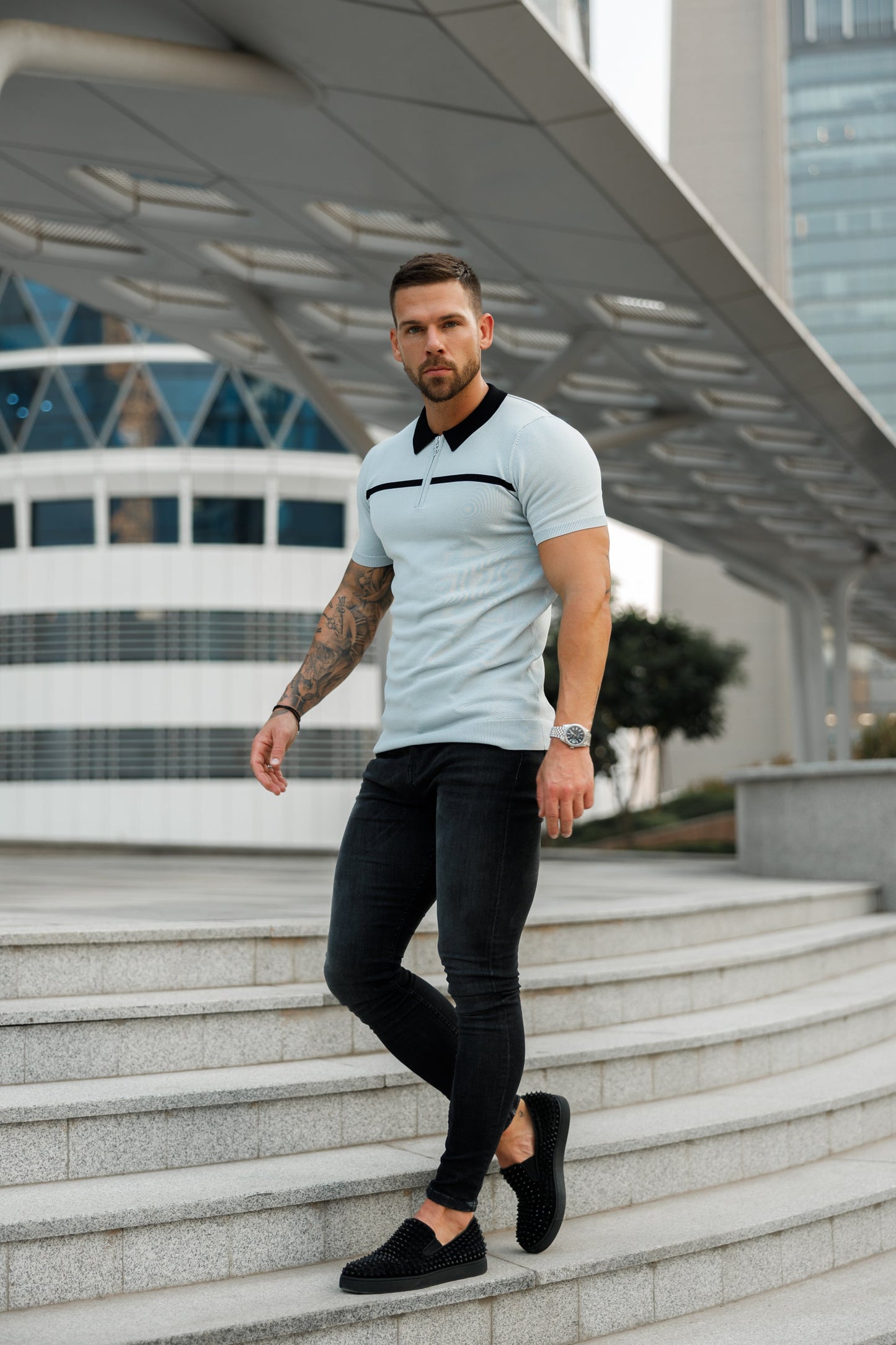 Elevate Your Style with the Father Sons Silver Grey and Black Stripe Zipped Polo - Short Sleeve FSN040