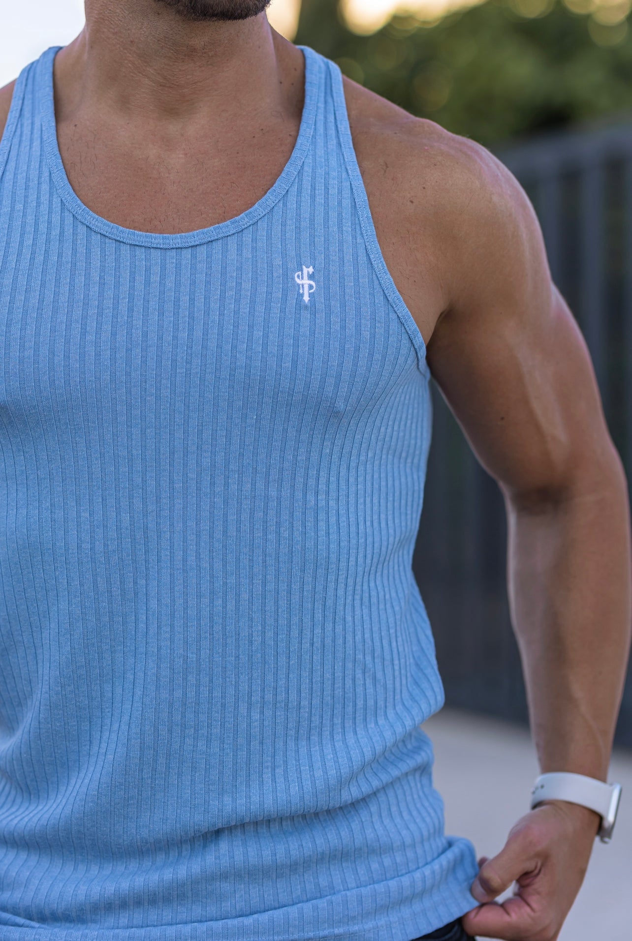Father & Sons Elegant Baby Blue Ribbed Knit Slim Fit Vest - FSH747