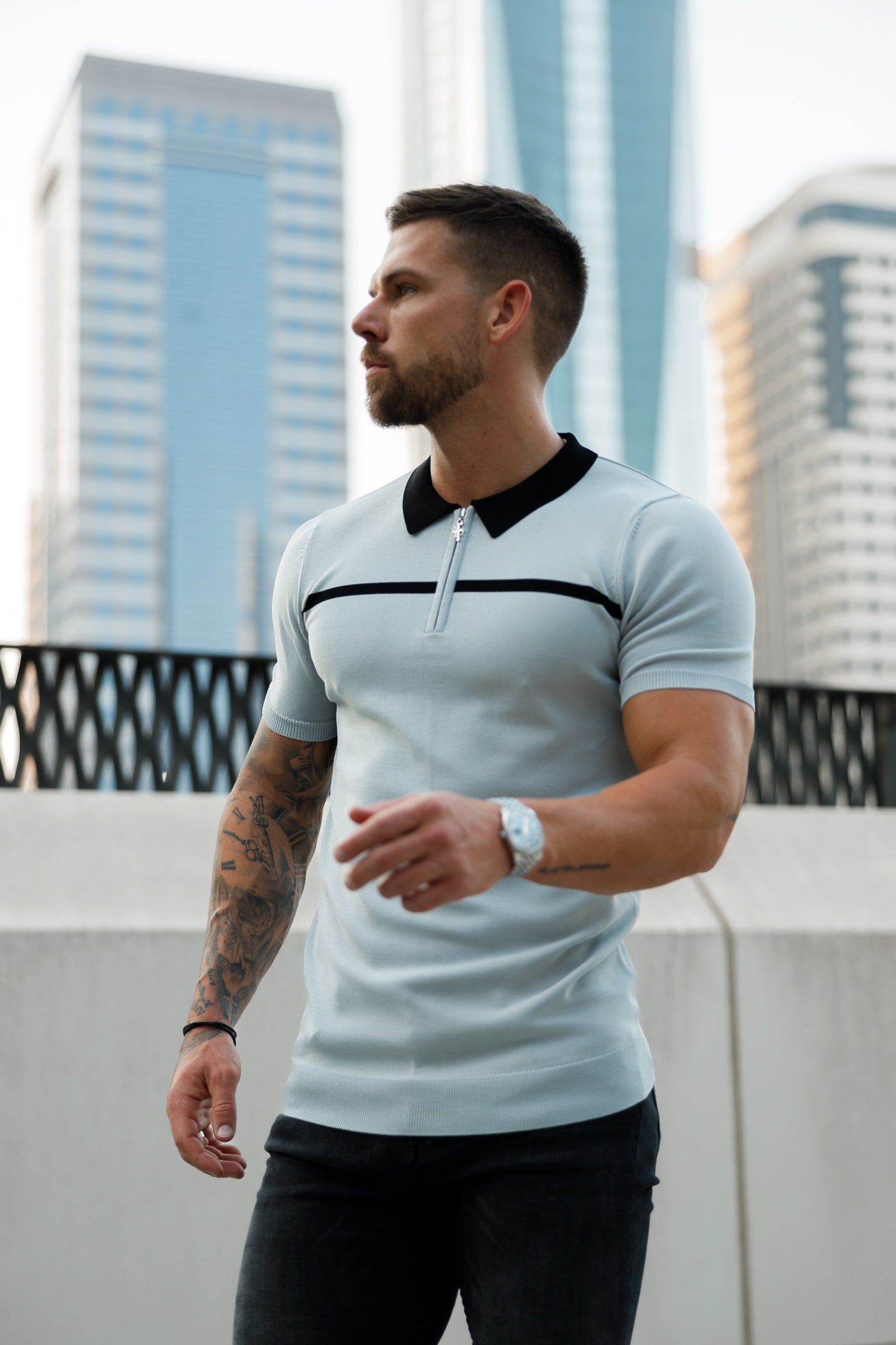 Elevate Your Style with the Father Sons Silver Grey and Black Stripe Zipped Polo - Short Sleeve FSN040