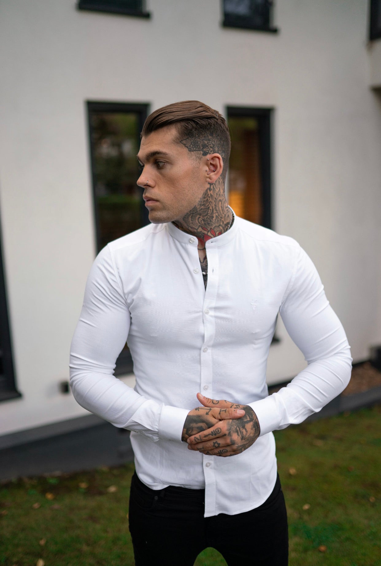 Elevate Your Style with the Father Sons Super Slim Stretch Classic White Grandad Collar Oxford Shirt - FS732