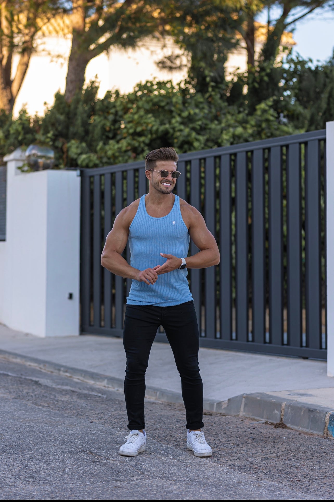 Father & Sons Elegant Baby Blue Ribbed Knit Slim Fit Vest - FSH747