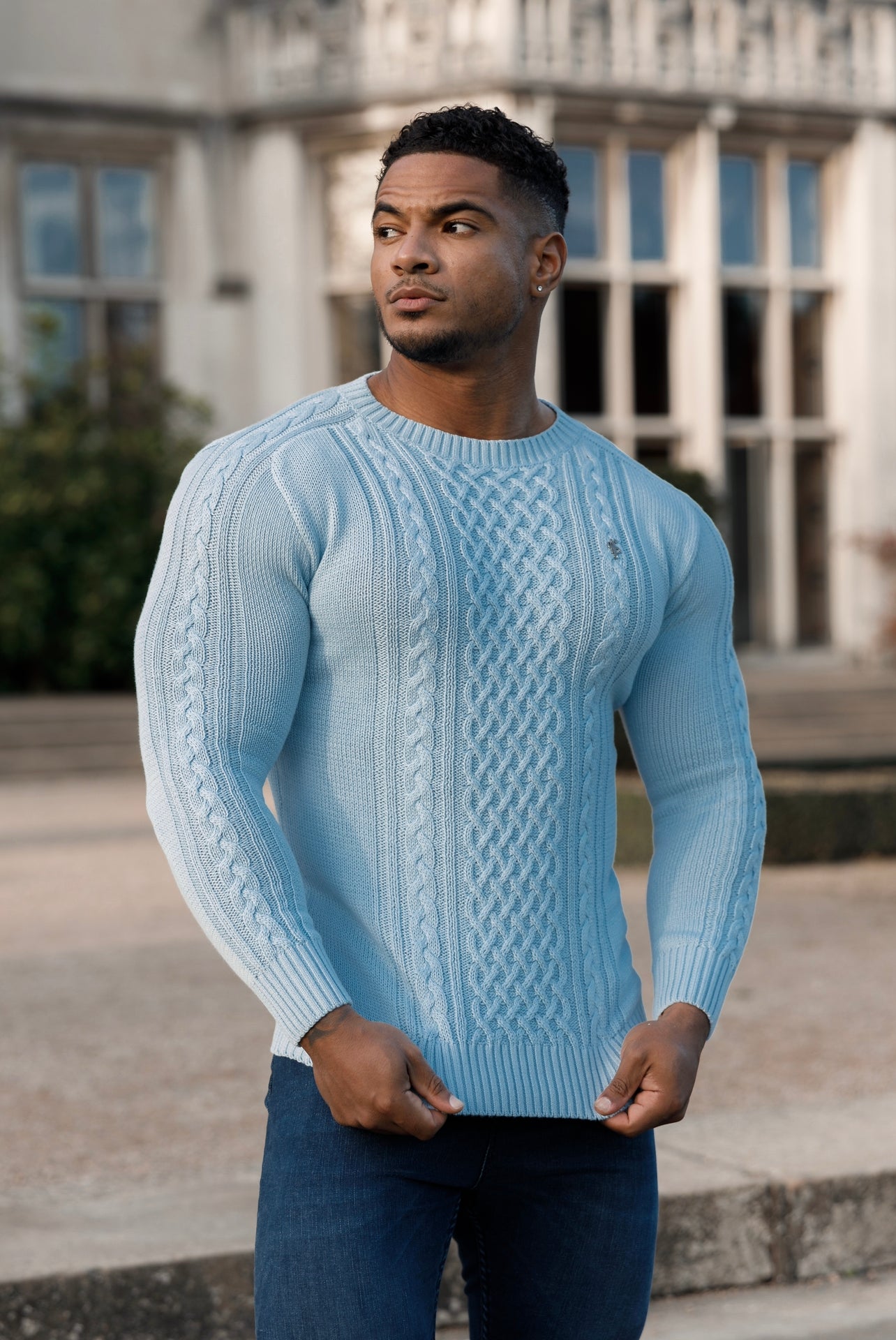 Elevate Your Wardrobe: Father Sons Sky Blue Knitted Cable Crew Jumper with Chic Metal Decal - FSN081