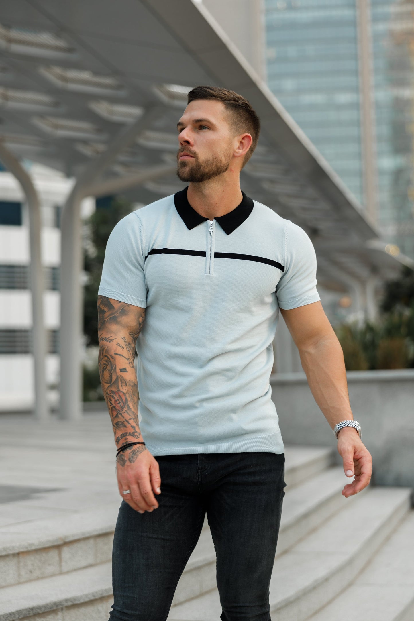 Elevate Your Style with the Father Sons Silver Grey and Black Stripe Zipped Polo - Short Sleeve FSN040