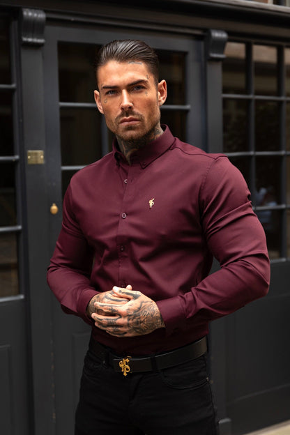Father Sons Burgundy Super Slim Stretch Denim Shirt with Gold Accents and Button-down Collar - FS1046