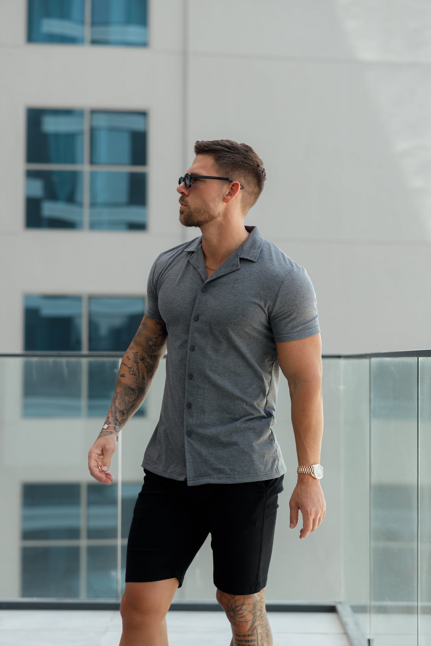 Elevate Your Style with the Father Sons Stretch Dark Grey Pique Revere Short Sleeve Shirt - FSH1073
