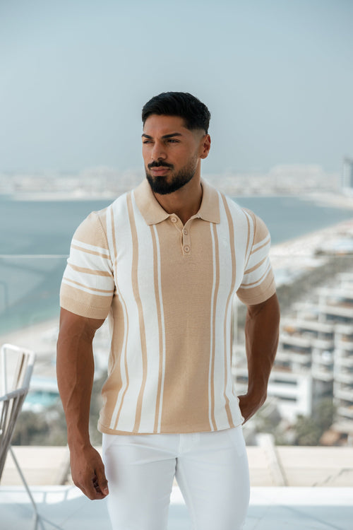 Elevate Your Wardrobe with the Father Sons Chic Beige & Off-White Vertical Stripe Knitted Polo - Short Sleeve Style!
