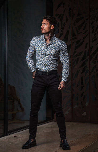 Elevate Your Style: Father Sons Super Slim Fit Stretch Long Sleeve Shirt in Blue/Beige Chevron with Button-Down Collar - FS902