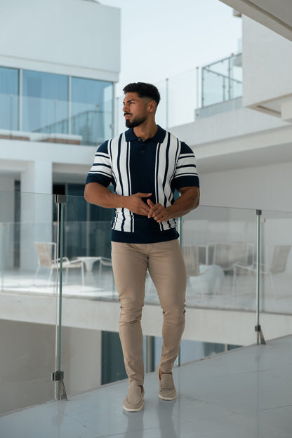 Elevate Your Style with Our Classic Navy & Off White Knitted Vertical Stripe Polo - Short Sleeve - FSN105