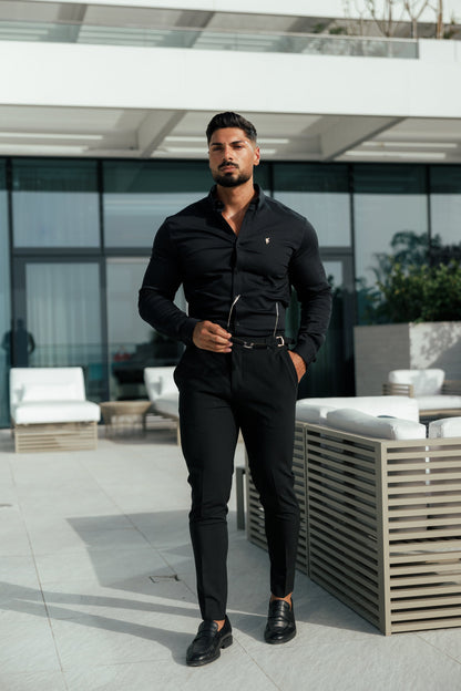 Elevate Your Style with Father Sons Slim Fit Black Stretch Trousers Featuring Luxurious Gold Waist Adjusters - FST018 (Available for Pre-Order Starting September 19th)