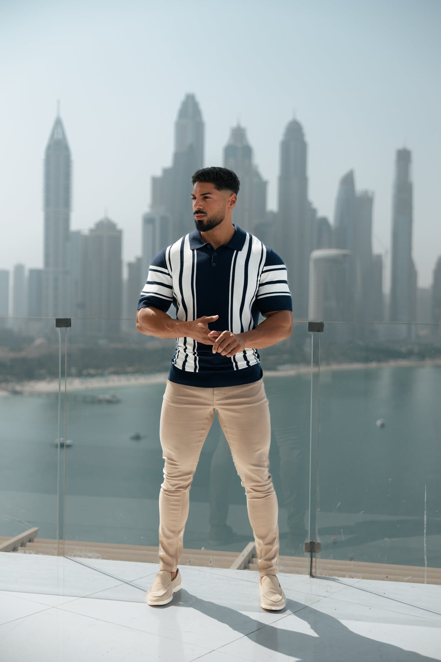 Elevate Your Style with Our Classic Navy & Off White Knitted Vertical Stripe Polo - Short Sleeve - FSN105