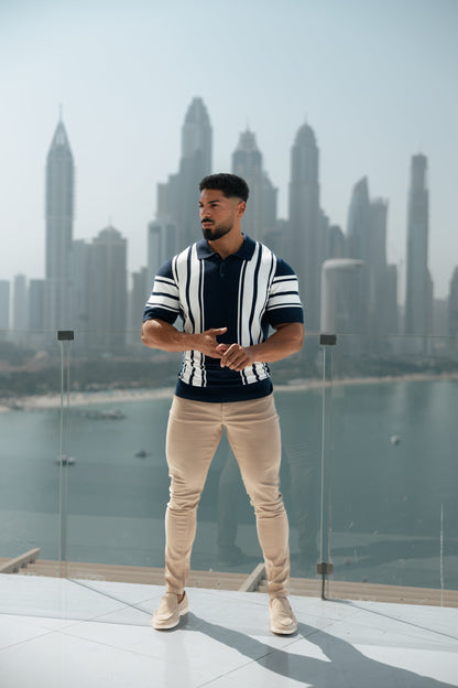 Elevate Your Style with Our Classic Navy & Off White Knitted Vertical Stripe Polo - Short Sleeve - FSN105
