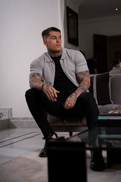 Elevate Your Wardrobe: Father Sons Light Grey Short Sleeve Knit Zip-Up with Chic Textured Design - FSN154