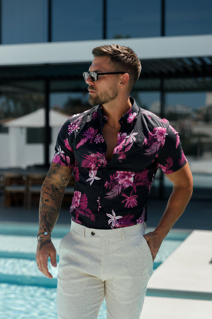 Chic Floral Print Button-Down Shirt in Black and Bright Pink - Perfectly Stretchy for Ultimate Comfort - FS1103
