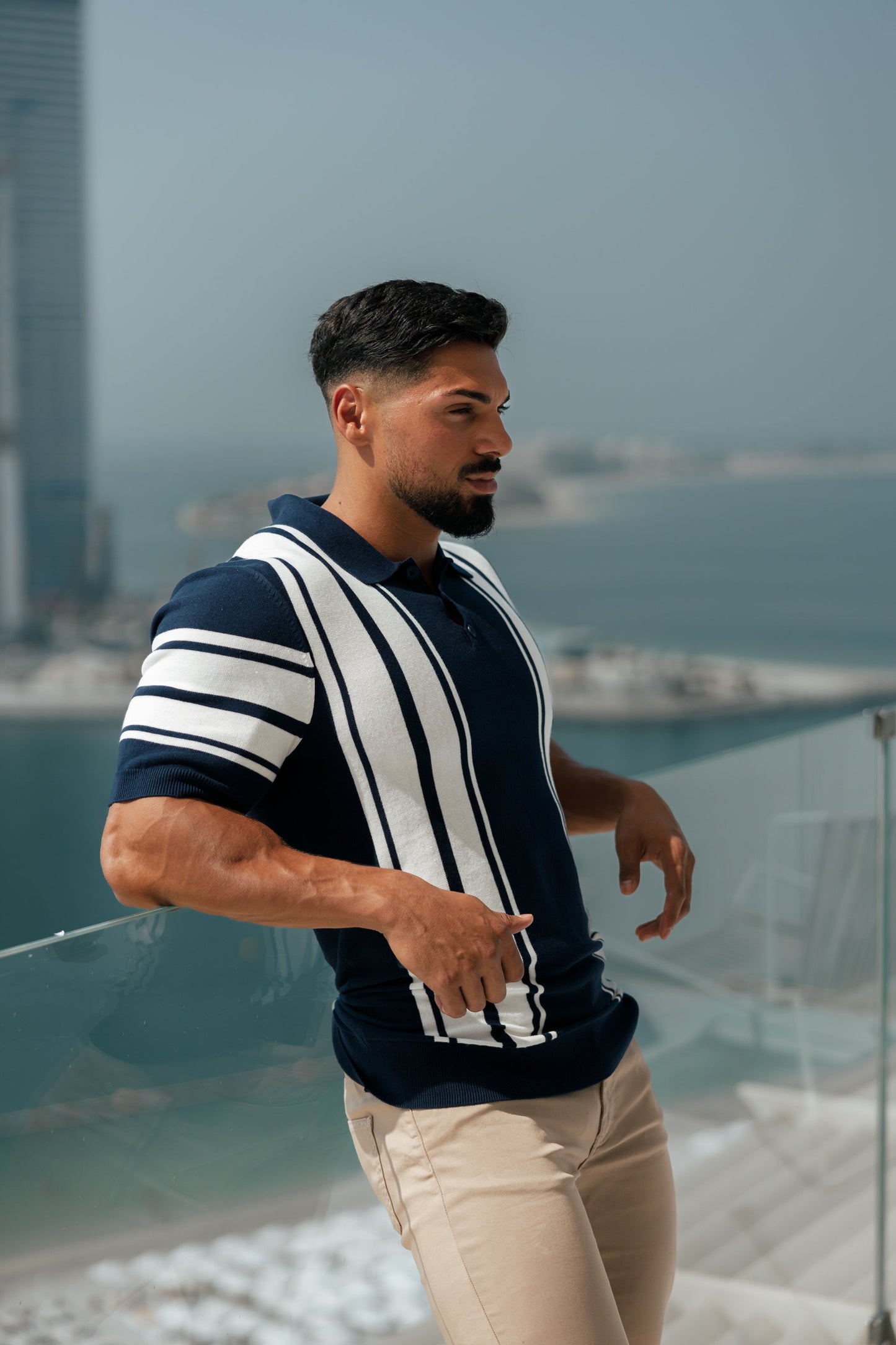 Elevate Your Style with Our Classic Navy & Off White Knitted Vertical Stripe Polo - Short Sleeve - FSN105