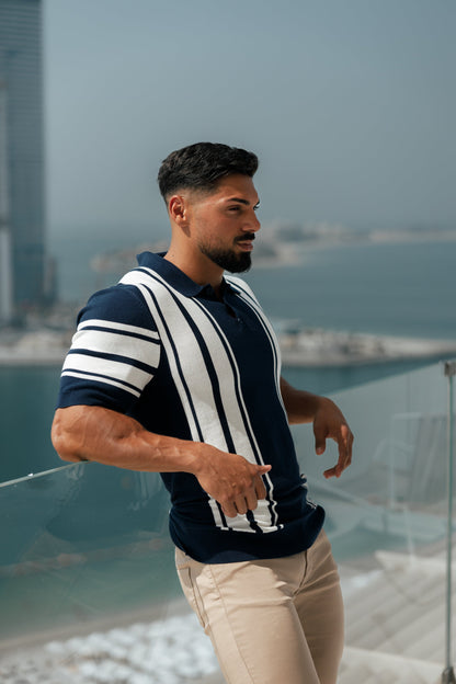 Elevate Your Style with Our Classic Navy & Off White Knitted Vertical Stripe Polo - Short Sleeve - FSN105