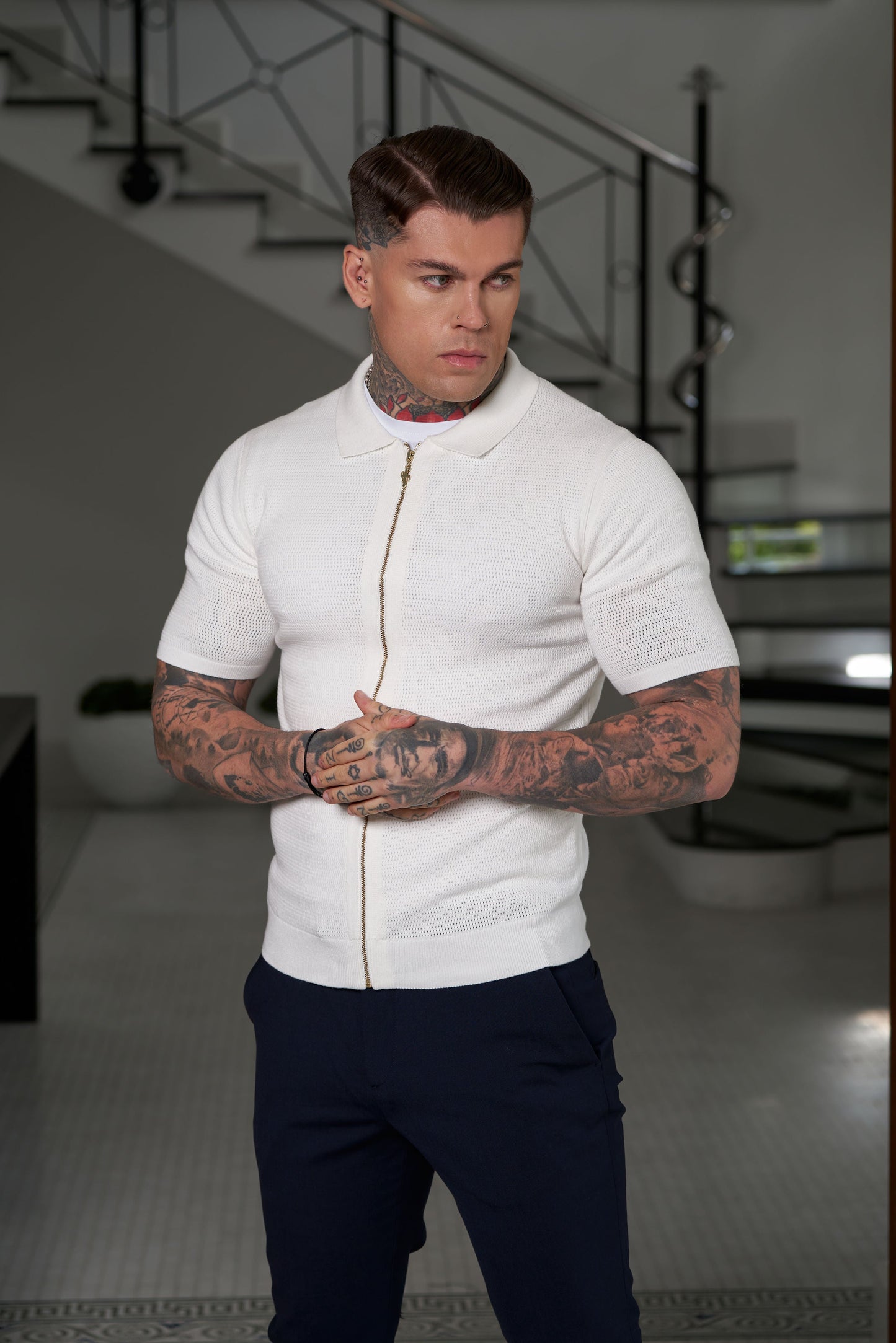 Elevate Your Style with the Father Sons Classic Knitted Textured Zip Sweater in Off White - Short Sleeve FSN152