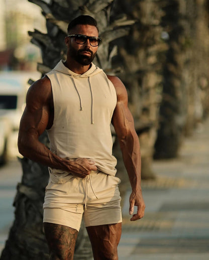 Elevate Your Workout: Father Sons Stylish Sleeveless Beige Gym Hoodie - FSH896