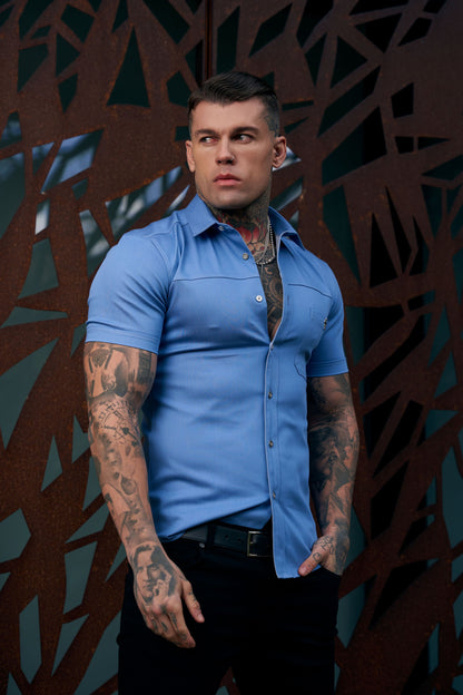 Elevate Your Style with Father Sons Super Slim Stretch Light Blue Denim Short Sleeve Shirt Featuring Horizontal Seam and Pocket - FS957
